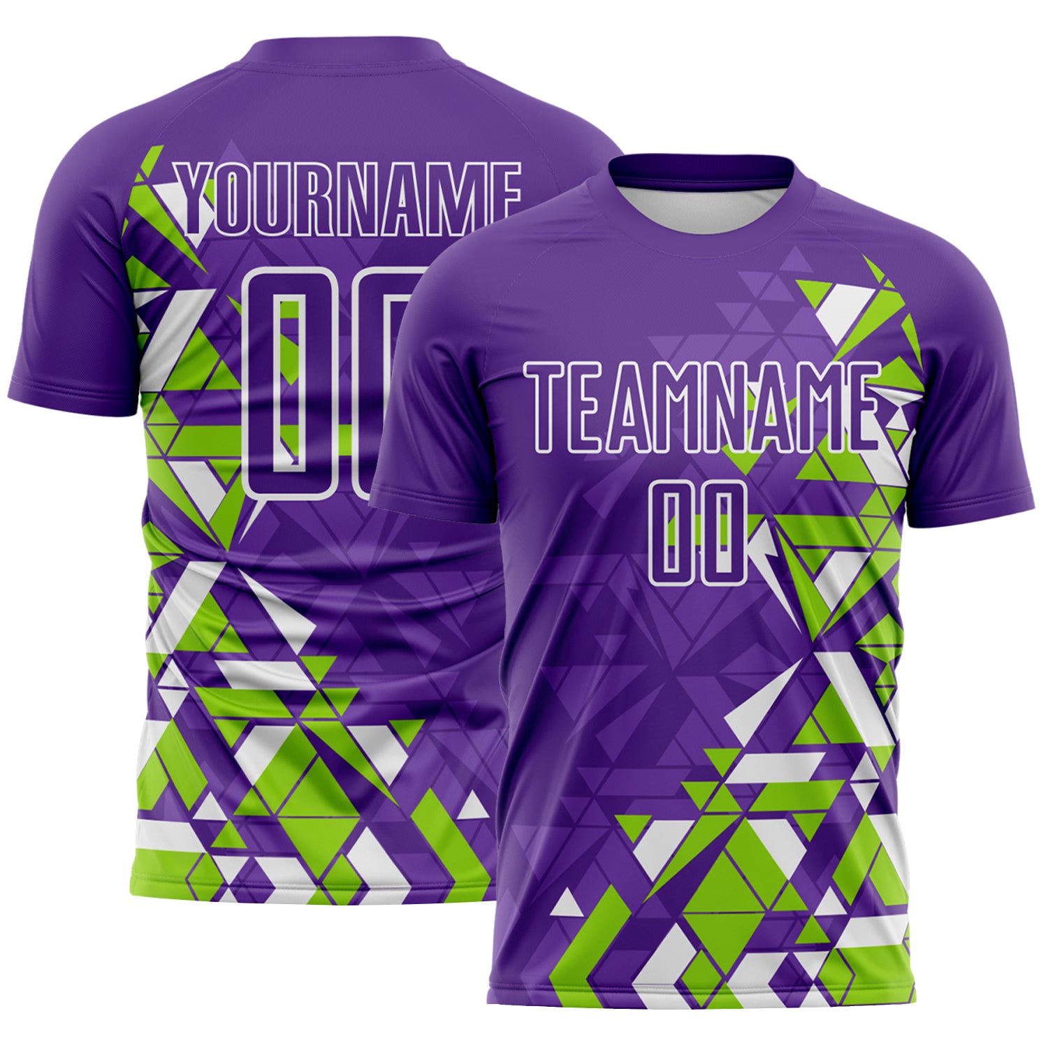 Custom Purple Neon Green-White Geometric Grid Gradient Sublimation Soccer Uniform Jersey