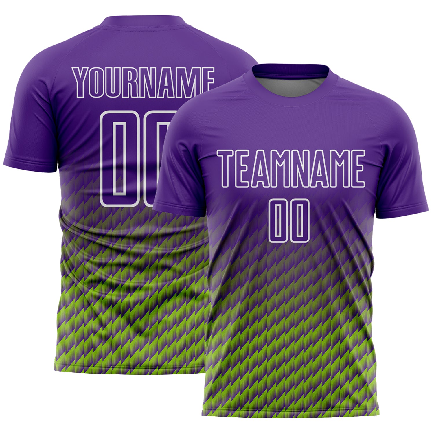 Custom Purple Neon Green-White Geometric Wave Gradient Sublimation Soccer Uniform Jersey