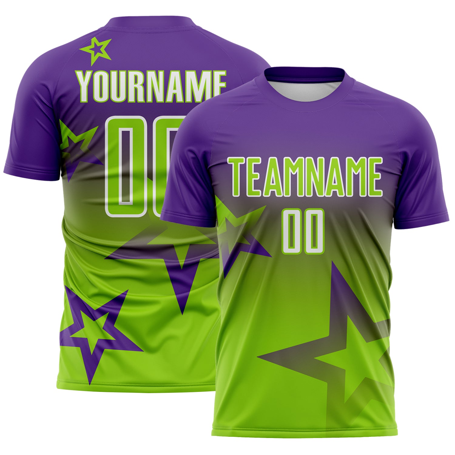 Custom Purple Neon Green-White Gradient Style Twinkle Star Sublimation Soccer Uniform Jersey