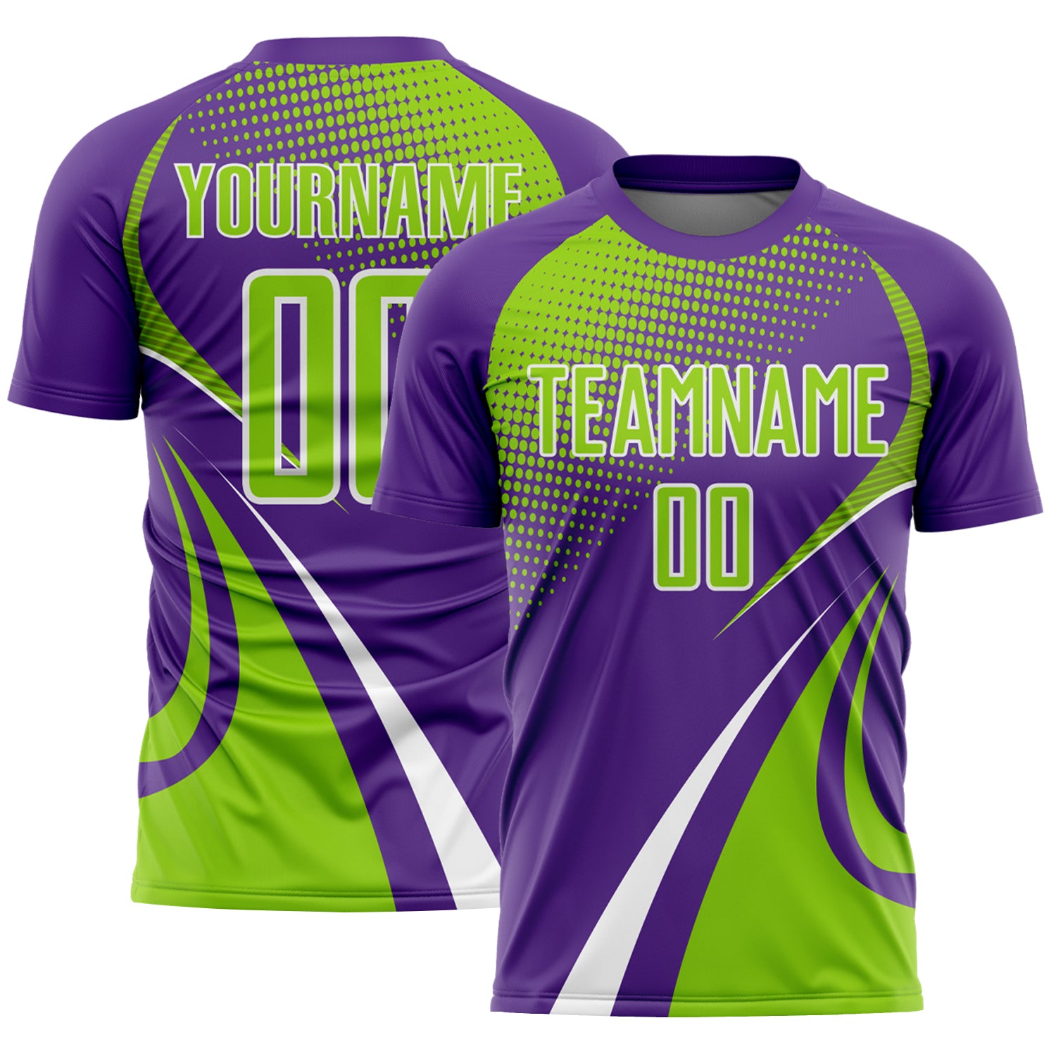 Custom Purple Neon Green-White Halftone Dot Dynamic Curve Stripe Sublimation Soccer Uniform Jersey