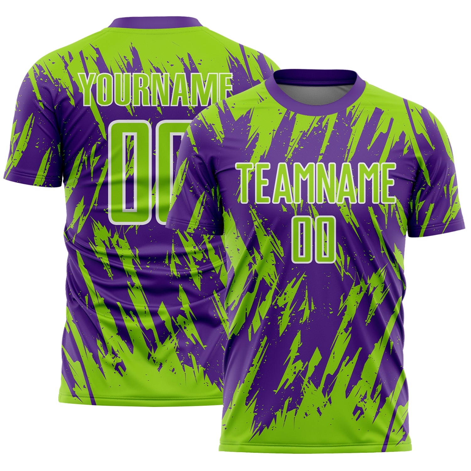 Custom Purple Neon Green-White Splatter Torn Sharp Brush Stroke Sublimation Soccer Uniform Jersey