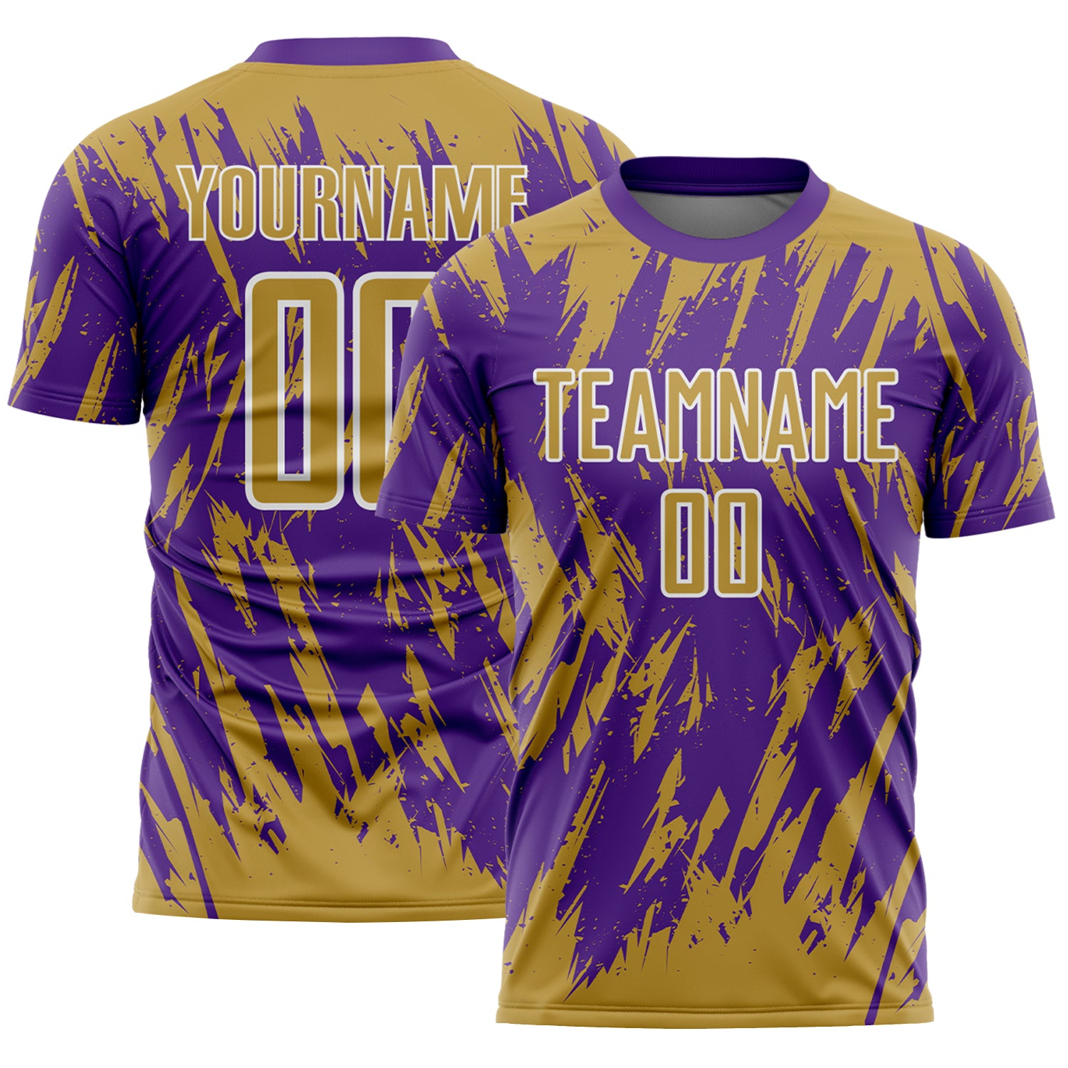 Custom Purple Old Gold-White Splatter Torn Sharp Brush Stroke Sublimation Soccer Uniform Jersey
