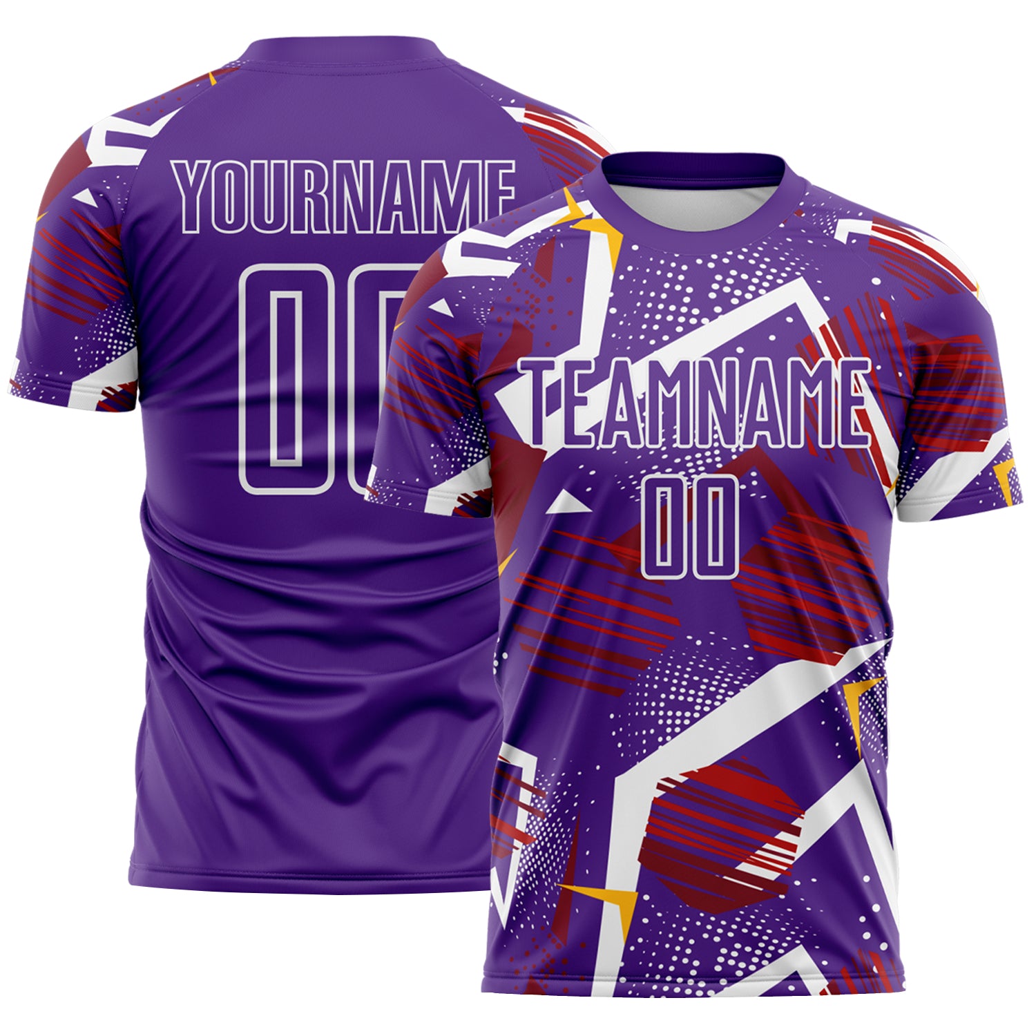 Custom Purple Red Gold-White Geometric Asymmetry Shatter Sublimation Soccer Uniform Jersey