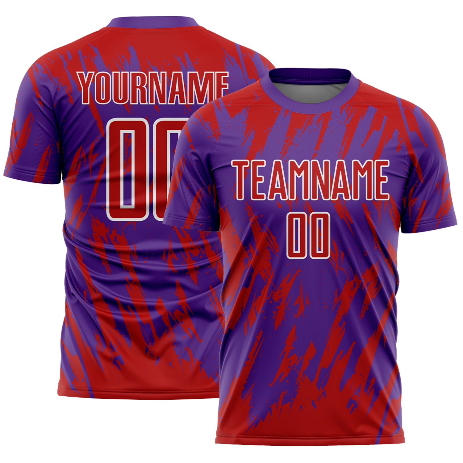 Custom Purple Red-White Splatter Torn Sharp Brush Stroke Sublimation Soccer Uniform Jersey