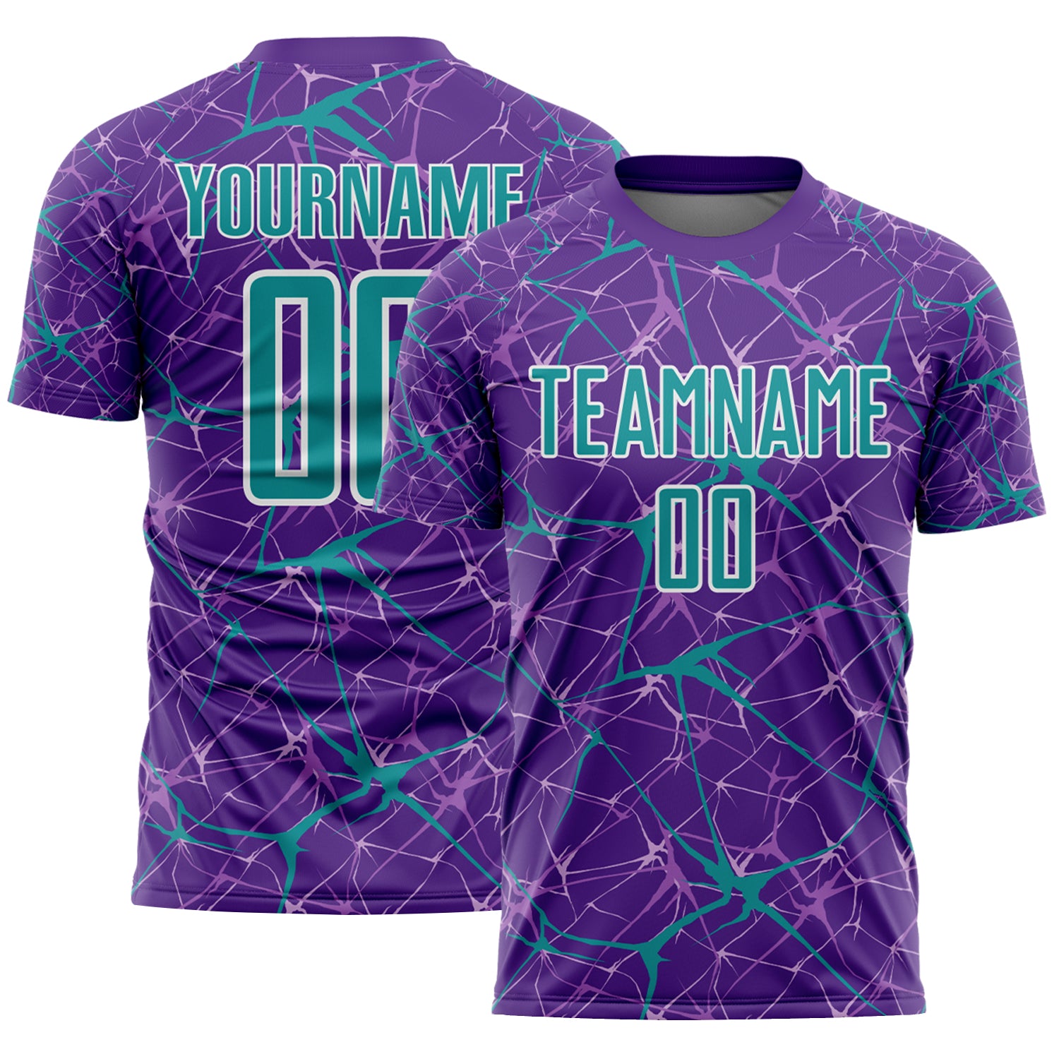 Custom Purple Teal-White Abstract Network Crackle Sublimation Soccer Uniform Jersey