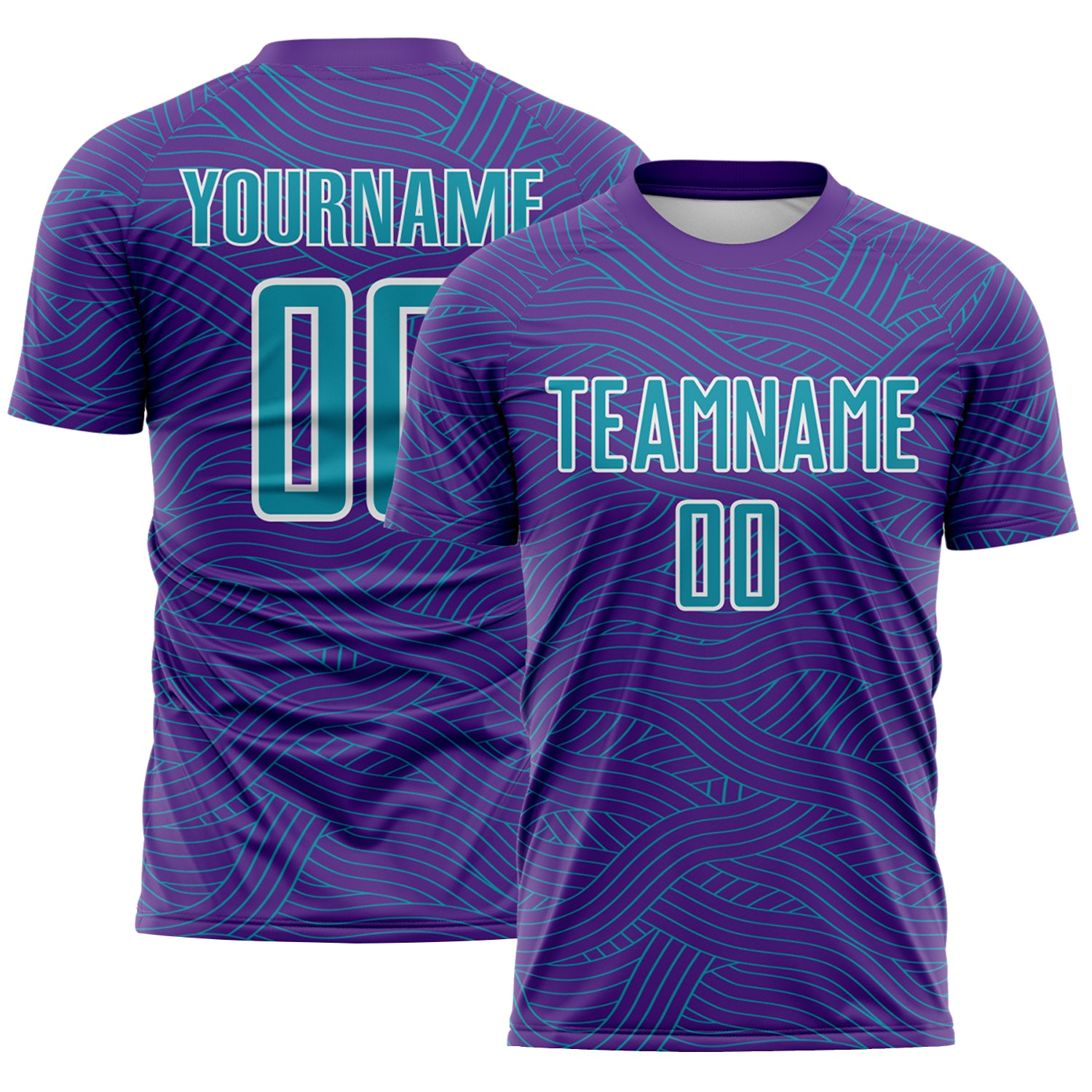 Custom Purple Teal-White Abstract Wave Lines Interlocking Sublimation Soccer Uniform Jersey