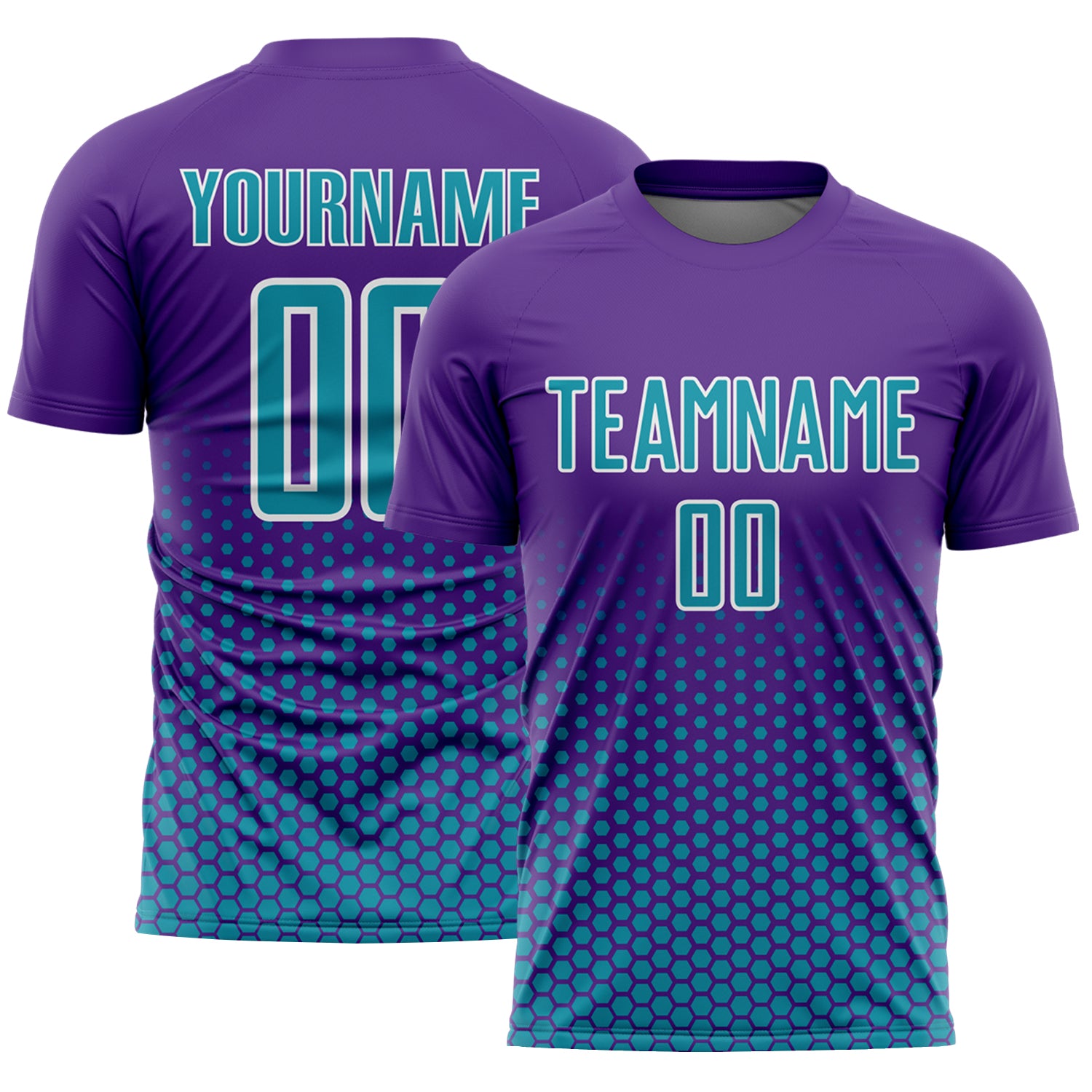 Custom Purple Teal-White Geometric Hexagonal Dot Gradient Sublimation Soccer Uniform Jersey