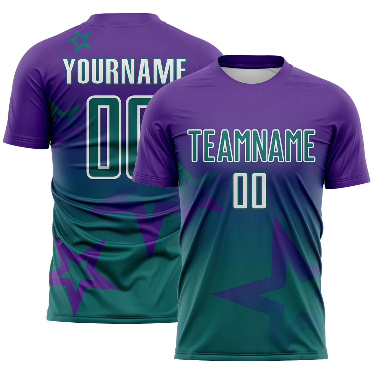 Custom Purple Teal-White Gradient Style Twinkle Star Sublimation Soccer Uniform Jersey