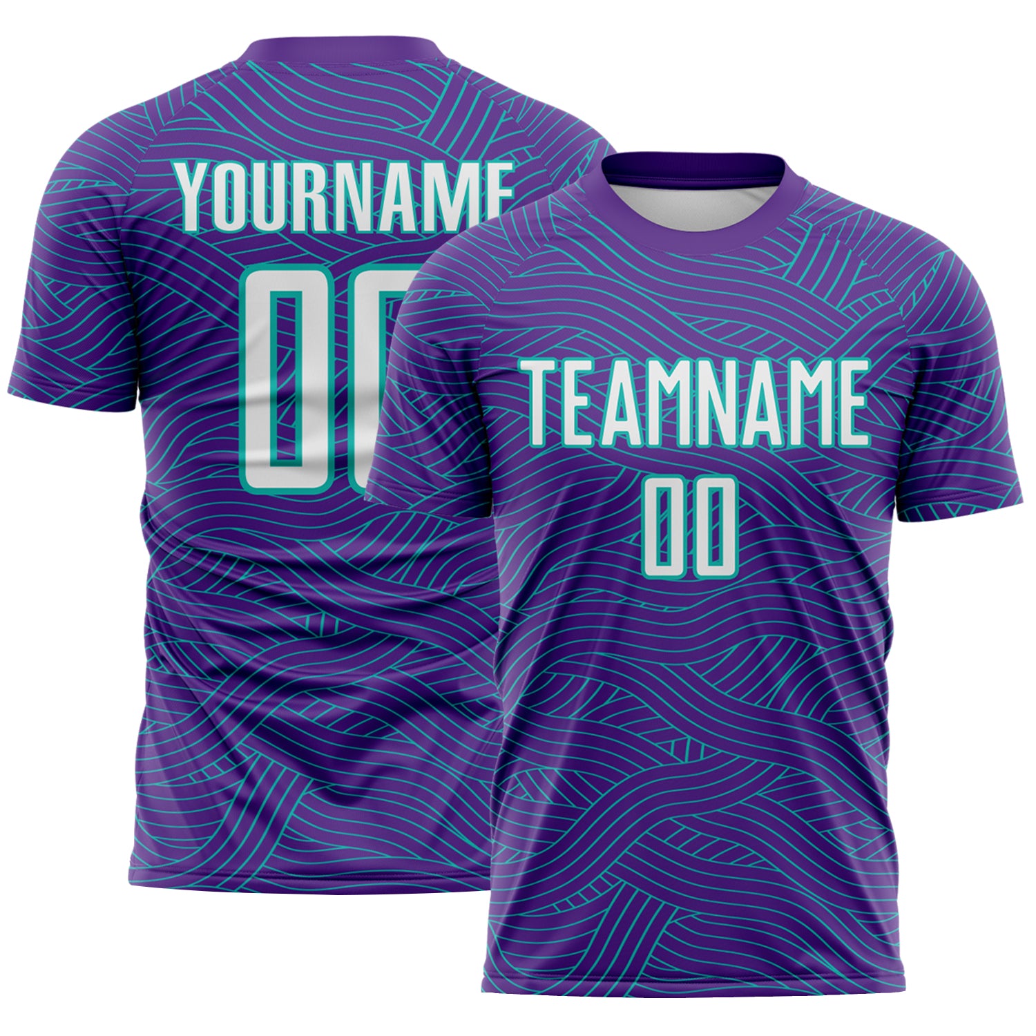 Custom Purple White-Aqua Abstract Wave Lines Interlocking Sublimation Soccer Uniform Jersey