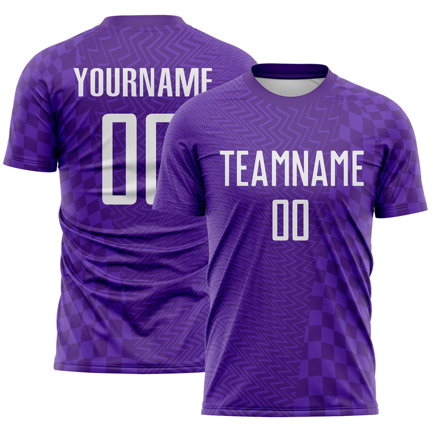 Custom Purple-White Geometric Patchwork Asymmetry Checkered Zigzag Lines Sublimation Soccer Uniform Jersey