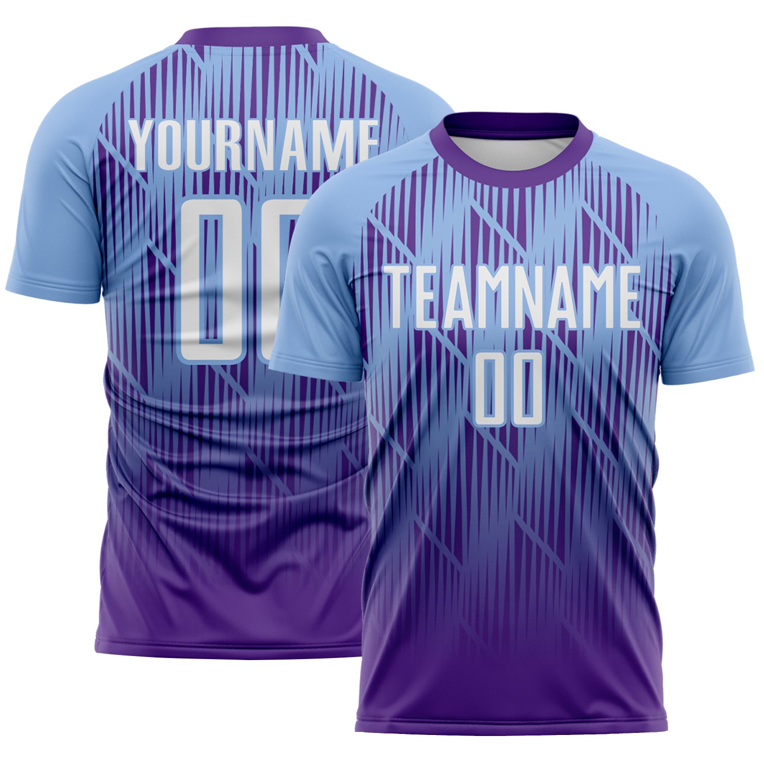 Custom Purple White-Light Blue Spiked Sharp Lines Gradient Sublimation Soccer Uniform Jersey