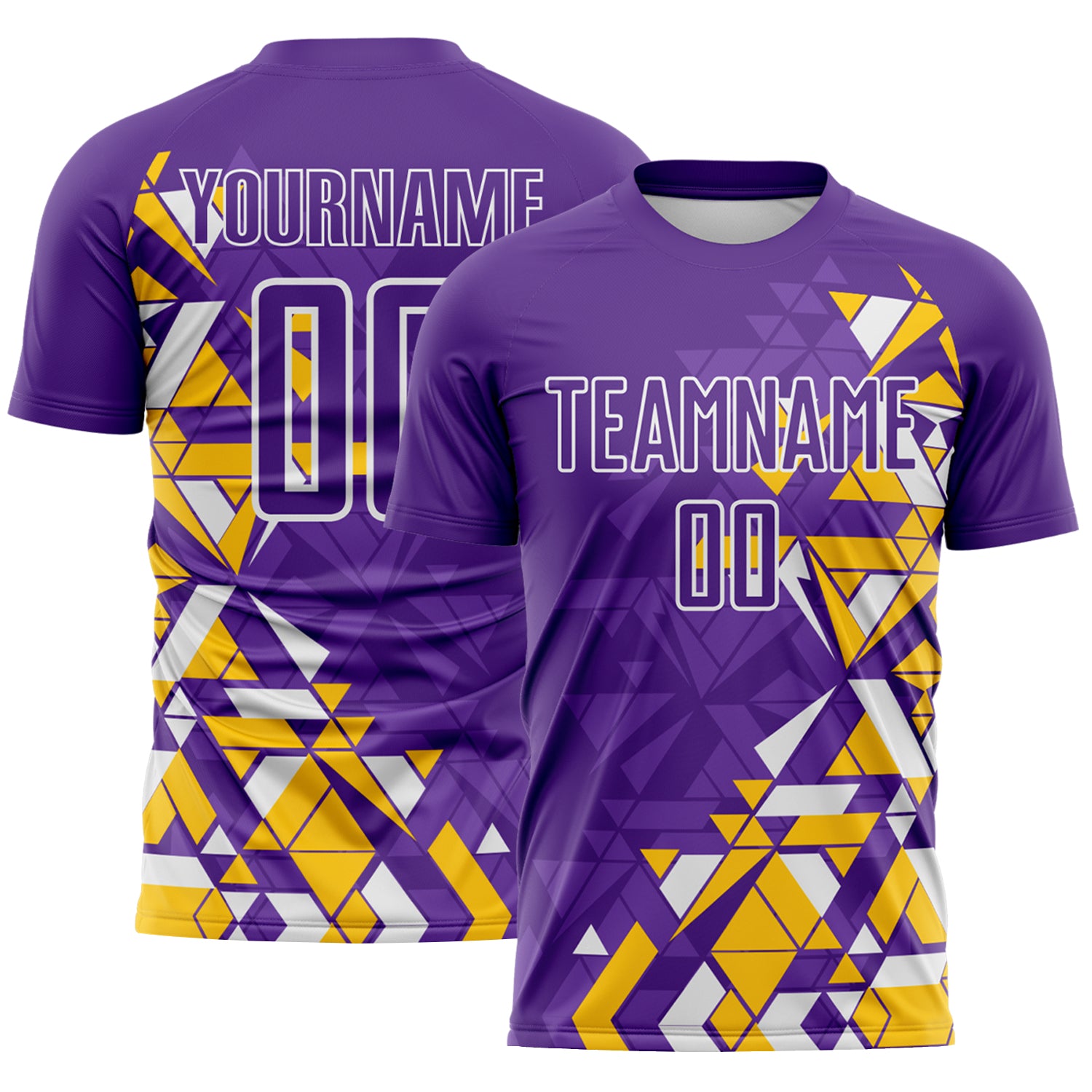 Custom Purple Yellow-White Geometric Grid Gradient Sublimation Soccer Uniform Jersey