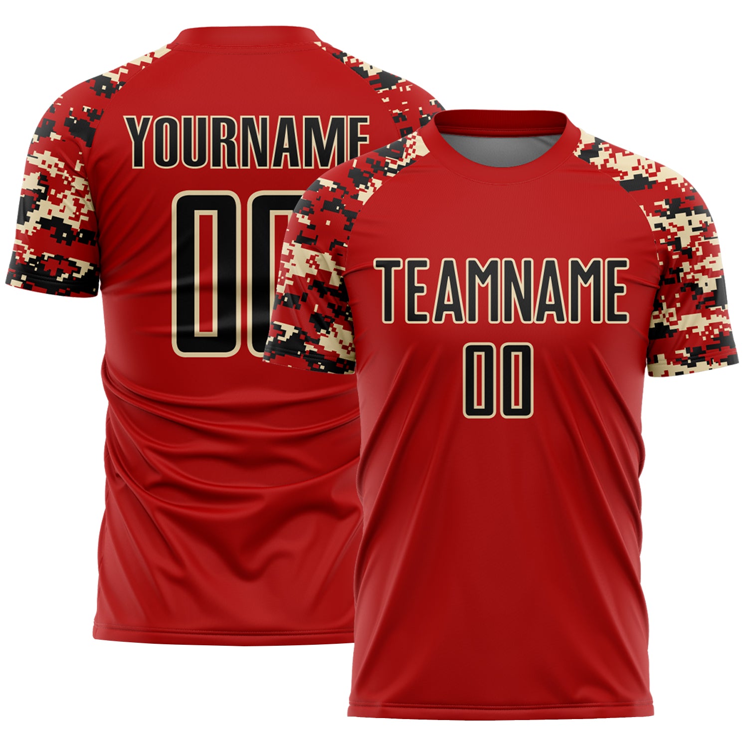 Custom Red Black-Cream Digital Camo Raglan Sleeves Sublimation Soccer Uniform Jersey