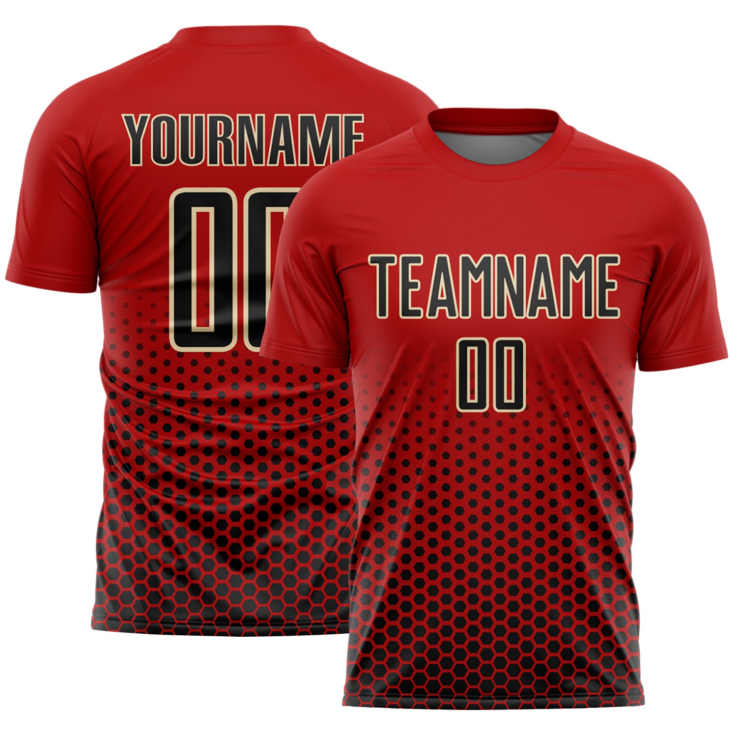 Custom Red Black-Cream Geometric Hexagonal Dot Gradient Sublimation Soccer Uniform Jersey