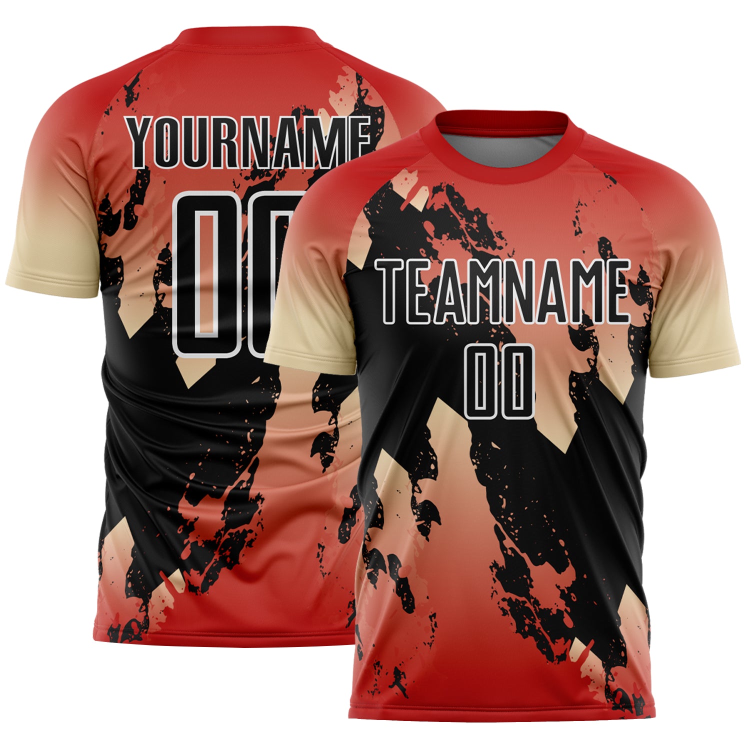 Custom Red Black Cream-White Gradient Splash Sublimation Soccer Uniform Jersey