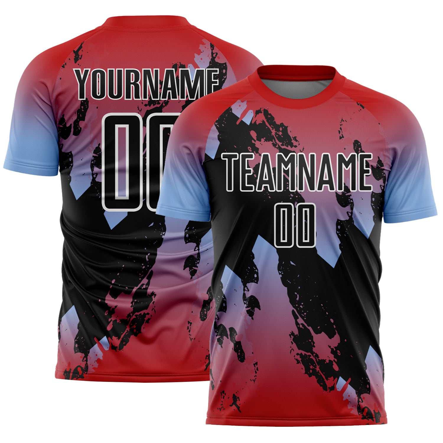 Custom Red Black Light Blue-White Gradient Splash Sublimation Soccer Uniform Jersey