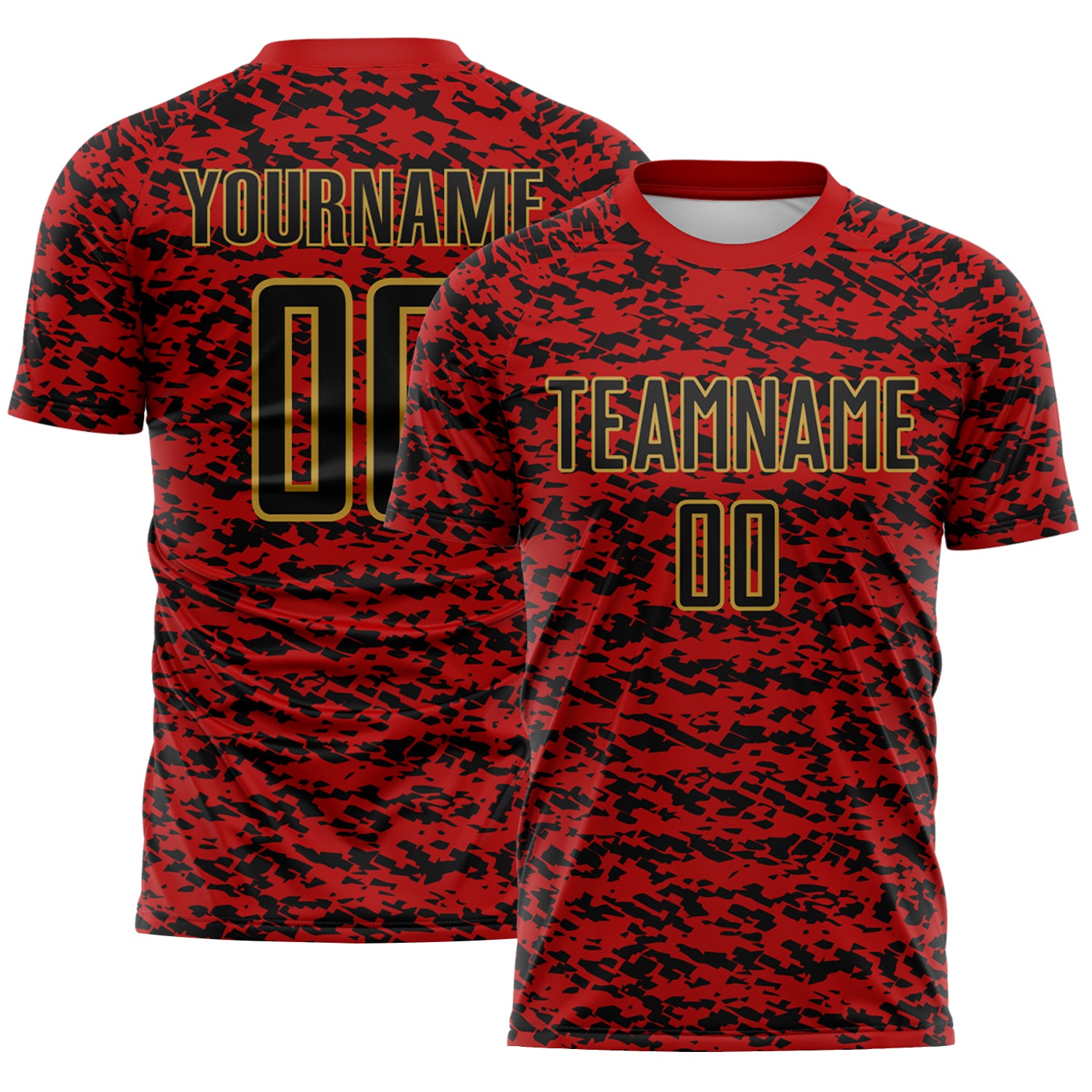 Custom Red Black-Old Gold Geometric Fragment Splatter Sublimation Soccer Uniform Jersey