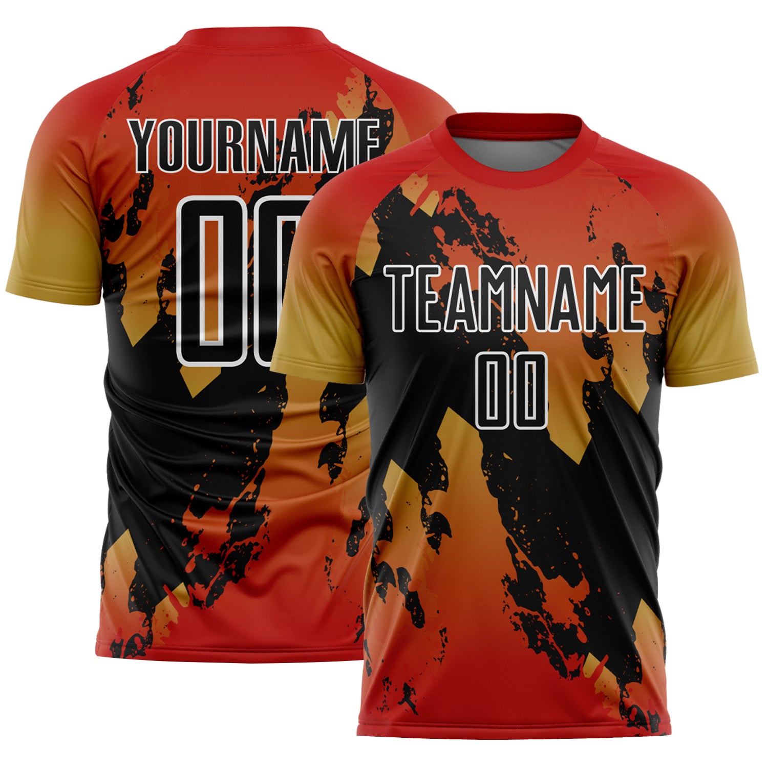 Custom Red Black Old Gold-White Gradient Splash Sublimation Soccer Uniform Jersey