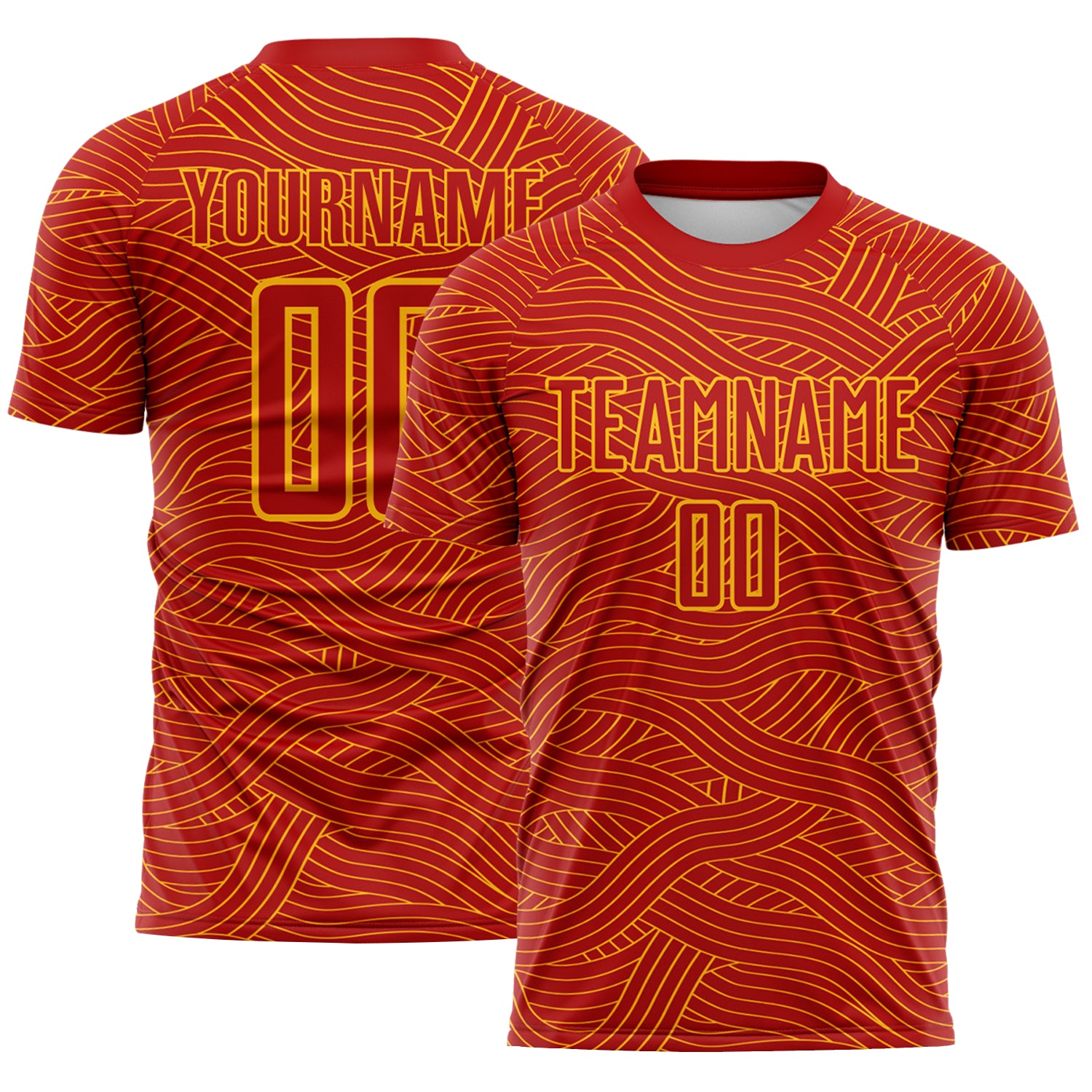 Custom Red-Gold Abstract Wave Lines Interlocking Sublimation Soccer Uniform Jersey