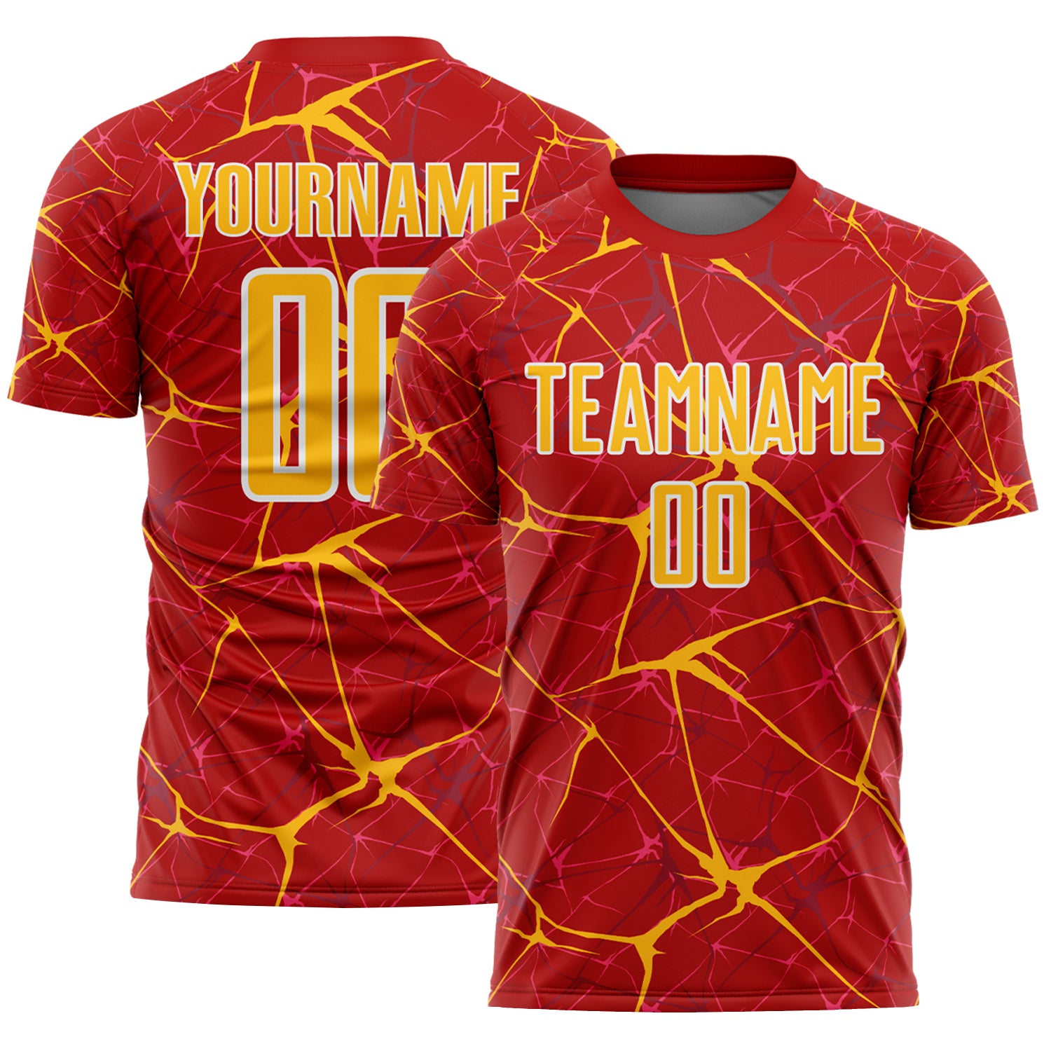Custom Red Gold-White Abstract Network Crackle Sublimation Soccer Uniform Jersey