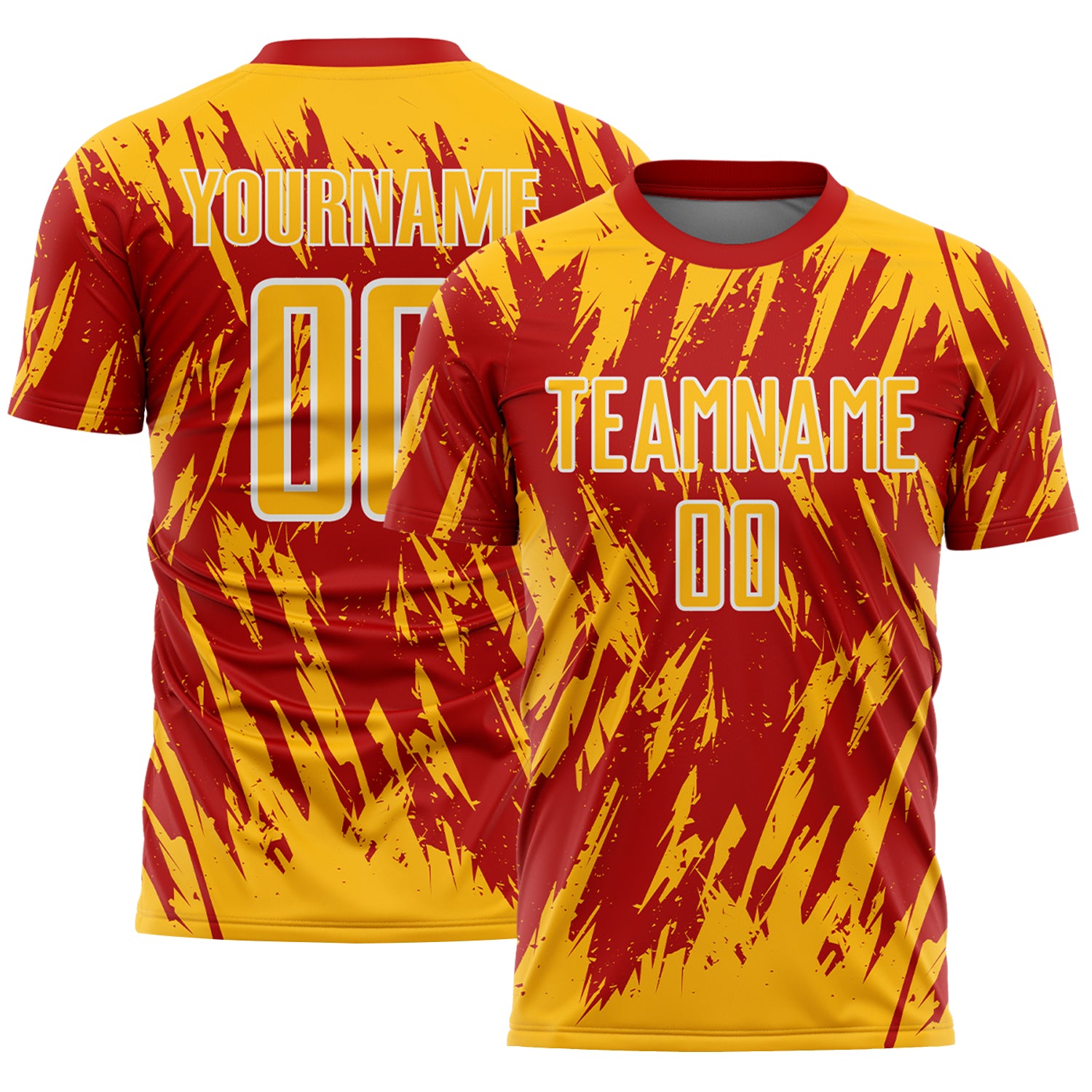 Custom Red Gold-White Splatter Torn Sharp Brush Stroke Sublimation Soccer Uniform Jersey