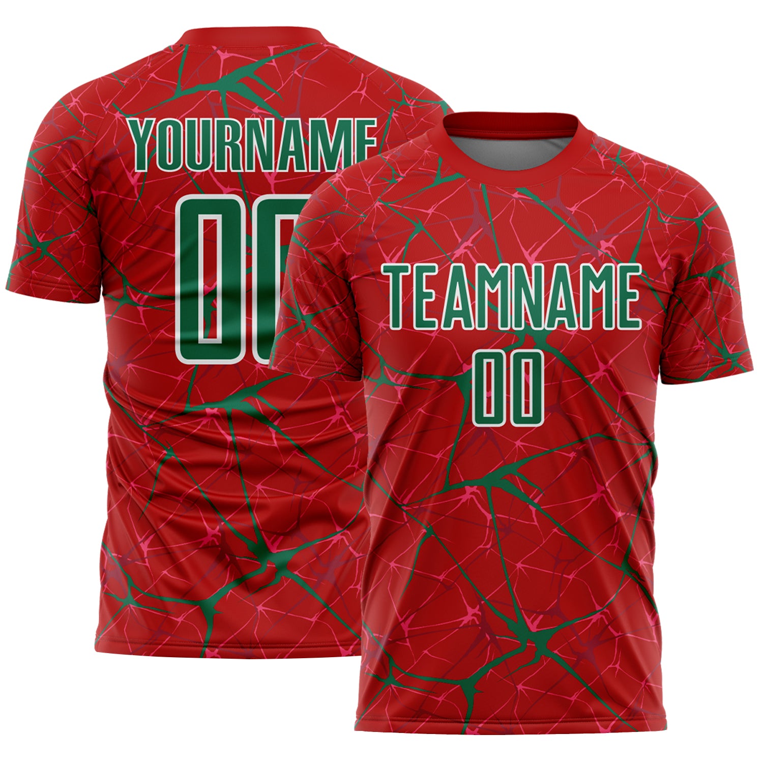 Custom Red Kelly Green-White Abstract Network Crackle Sublimation Soccer Uniform Jersey