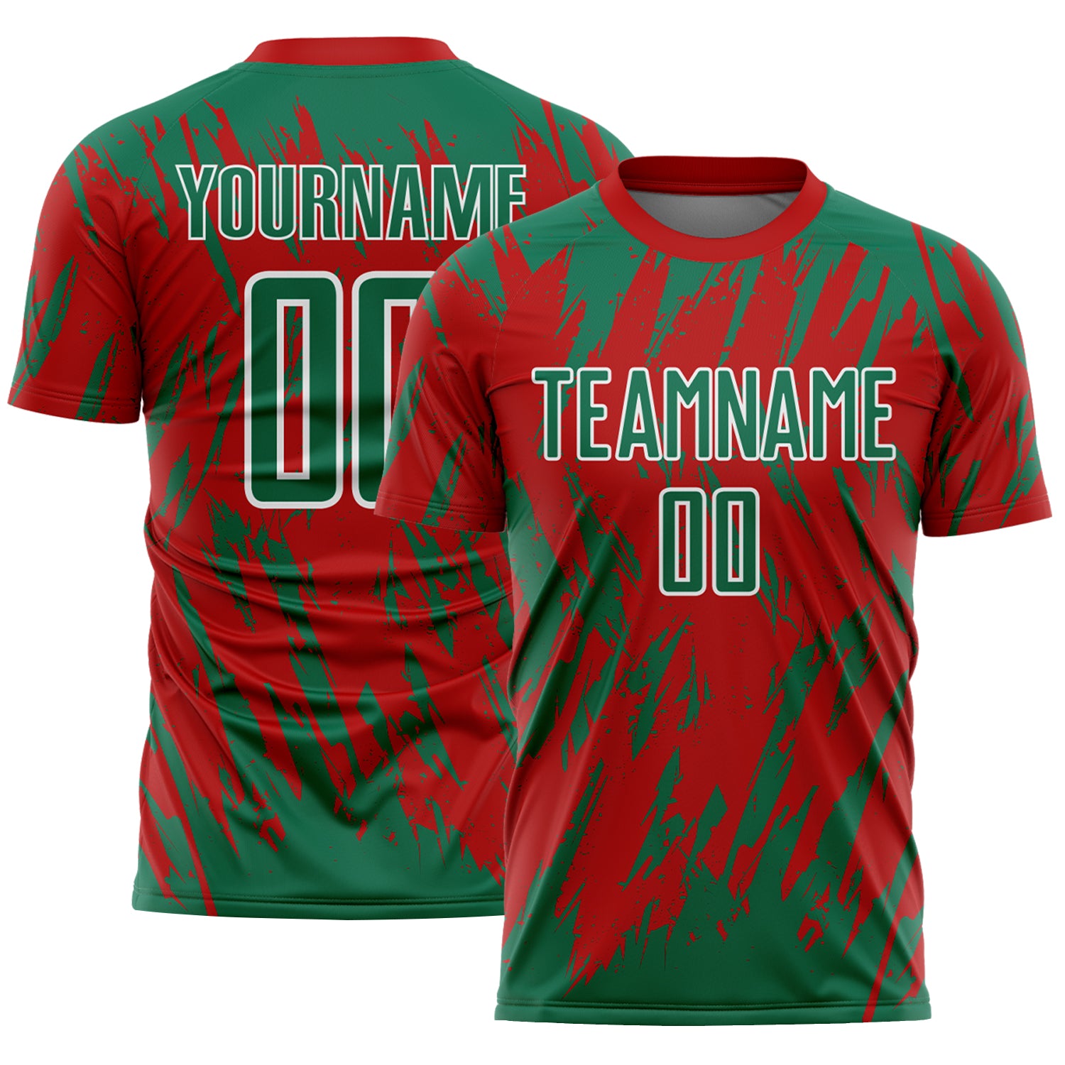 Custom Red Kelly Green-White Splatter Torn Sharp Brush Stroke Sublimation Soccer Uniform Jersey