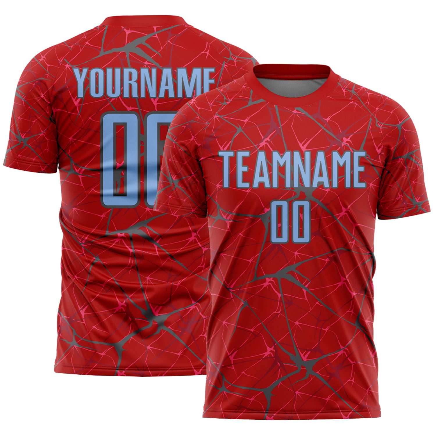 Custom Red Light Blue-Steel Gray Abstract Network Crackle Sublimation Soccer Uniform Jersey