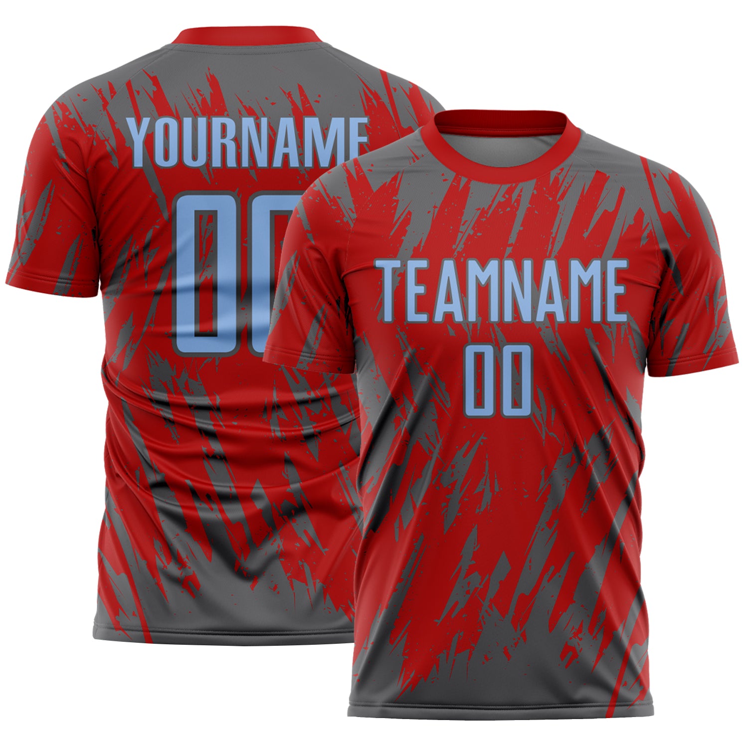 Custom Red Light Blue-Steel Gray Splatter Torn Sharp Brush Stroke Sublimation Soccer Uniform Jersey