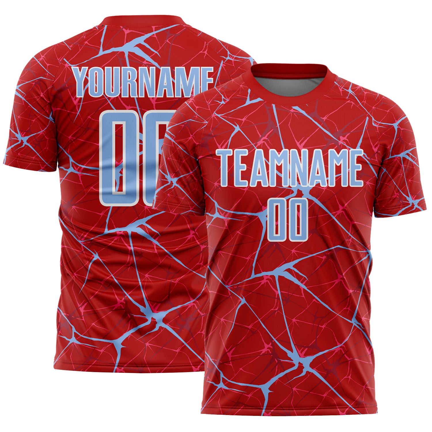 Custom Red Light Blue-White Abstract Network Crackle Sublimation Soccer Uniform Jersey