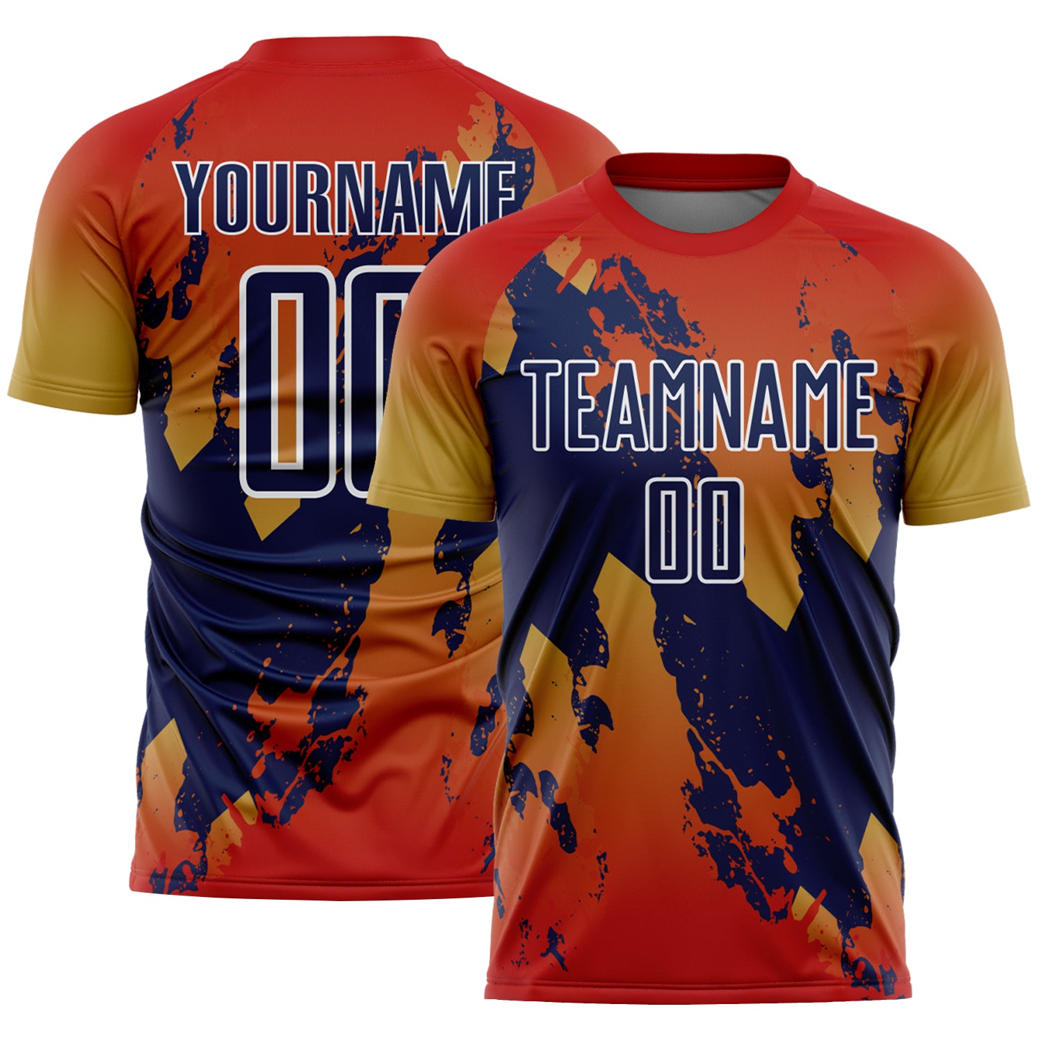Custom Red Navy Old Gold-White Gradient Splash Sublimation Soccer Uniform Jersey