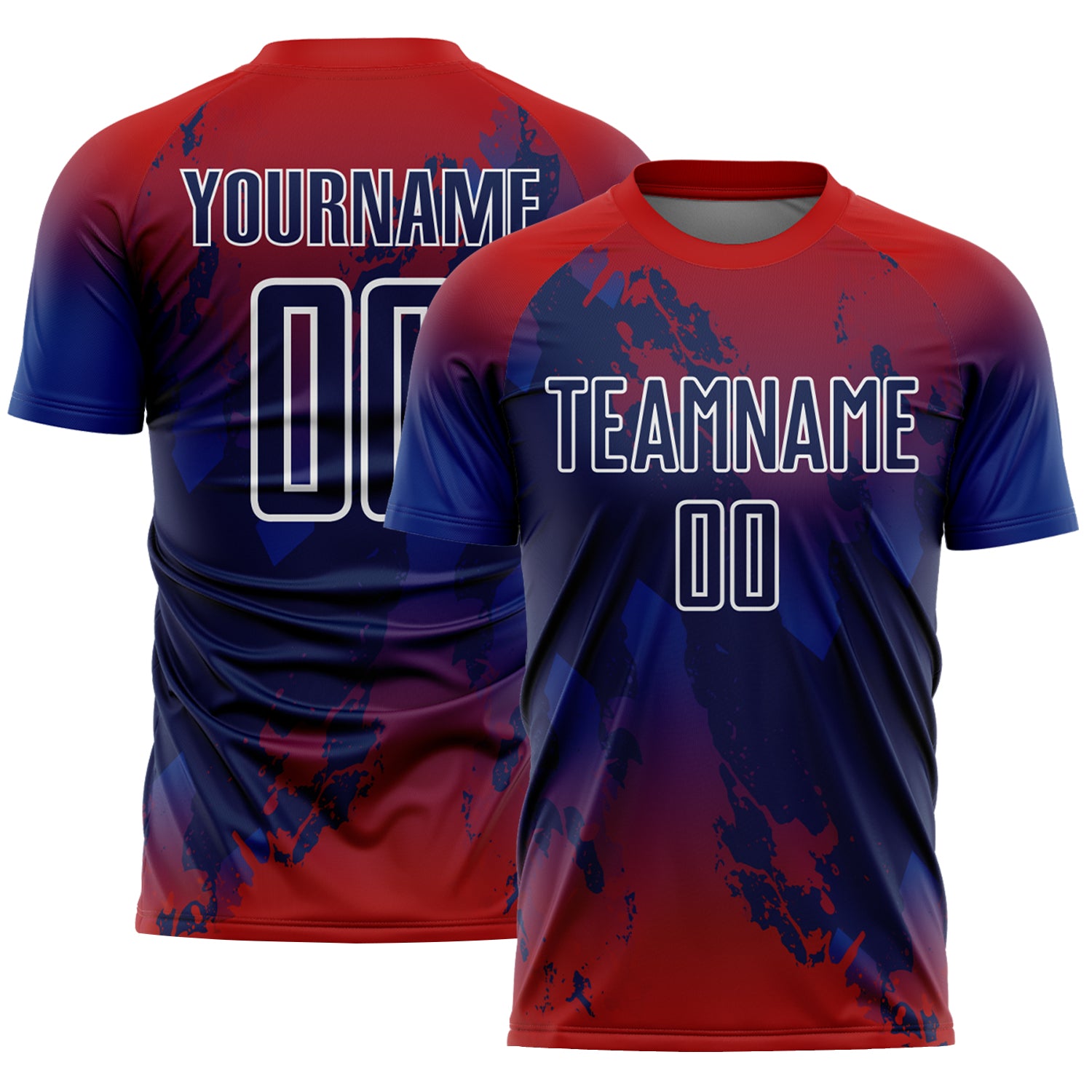 Custom Red Navy Royal-White Gradient Splash Sublimation Soccer Uniform Jersey