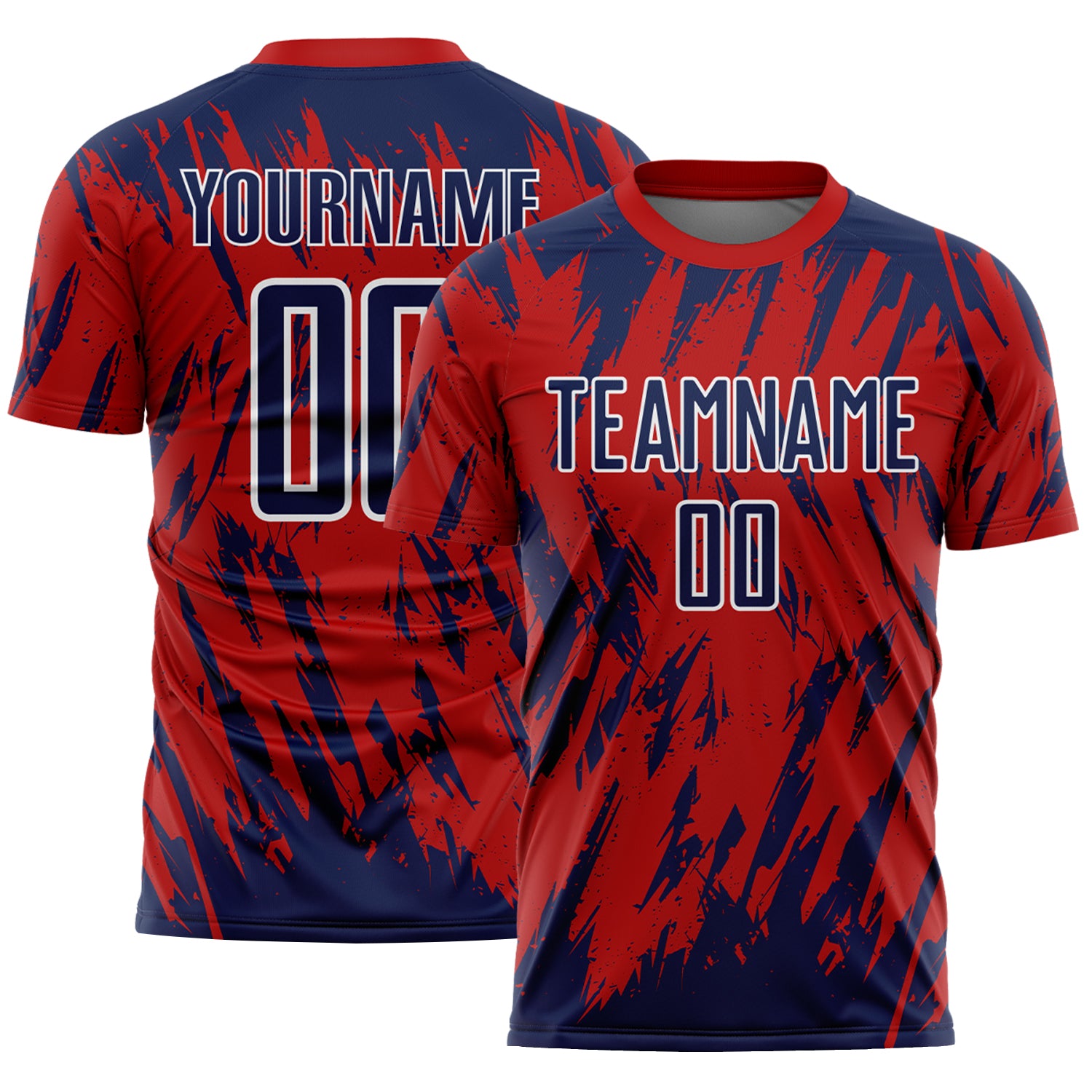 Custom Red Navy-White Splatter Torn Sharp Brush Stroke Sublimation Soccer Uniform Jersey
