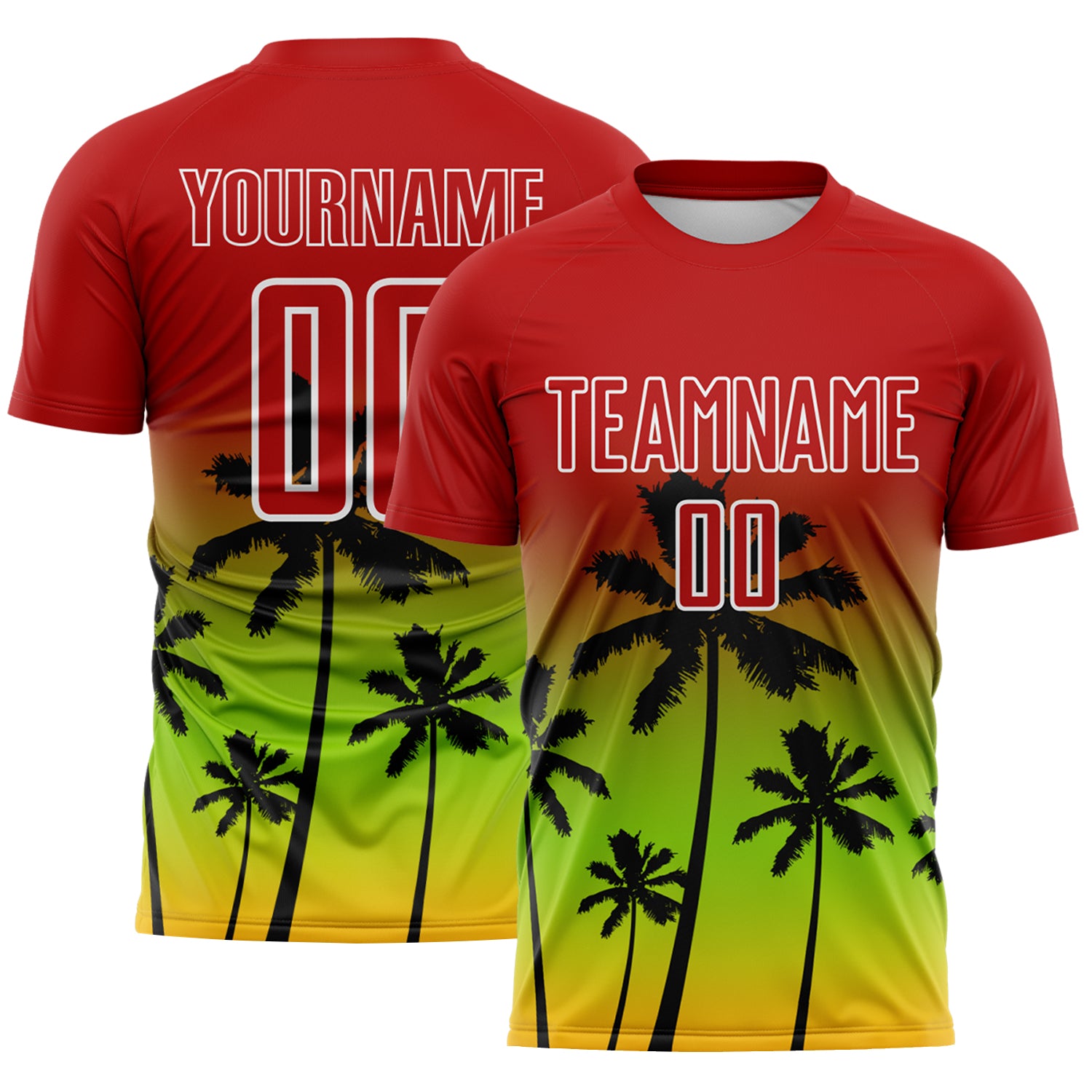 Custom Red Neon Green Gold White-Black Tropical Hawaii Palm Trees Gradient Sublimation Soccer Uniform Jersey