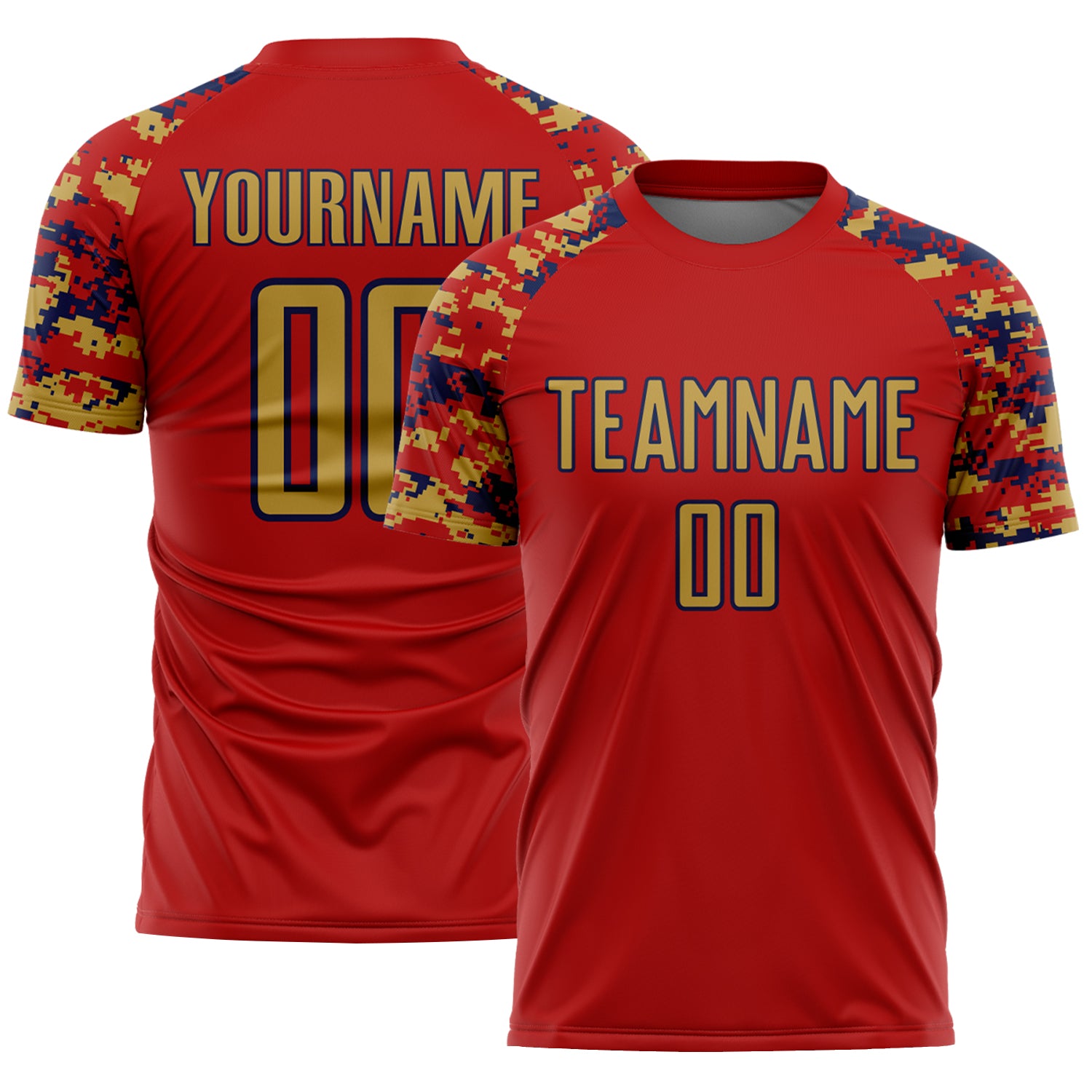 Custom Red Old Gold-Navy Digital Camo Raglan Sleeves Sublimation Soccer Uniform Jersey