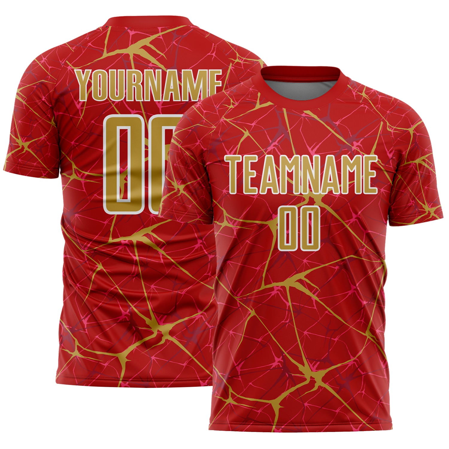 Custom Red Old Gold-White Abstract Network Crackle Sublimation Soccer Uniform Jersey