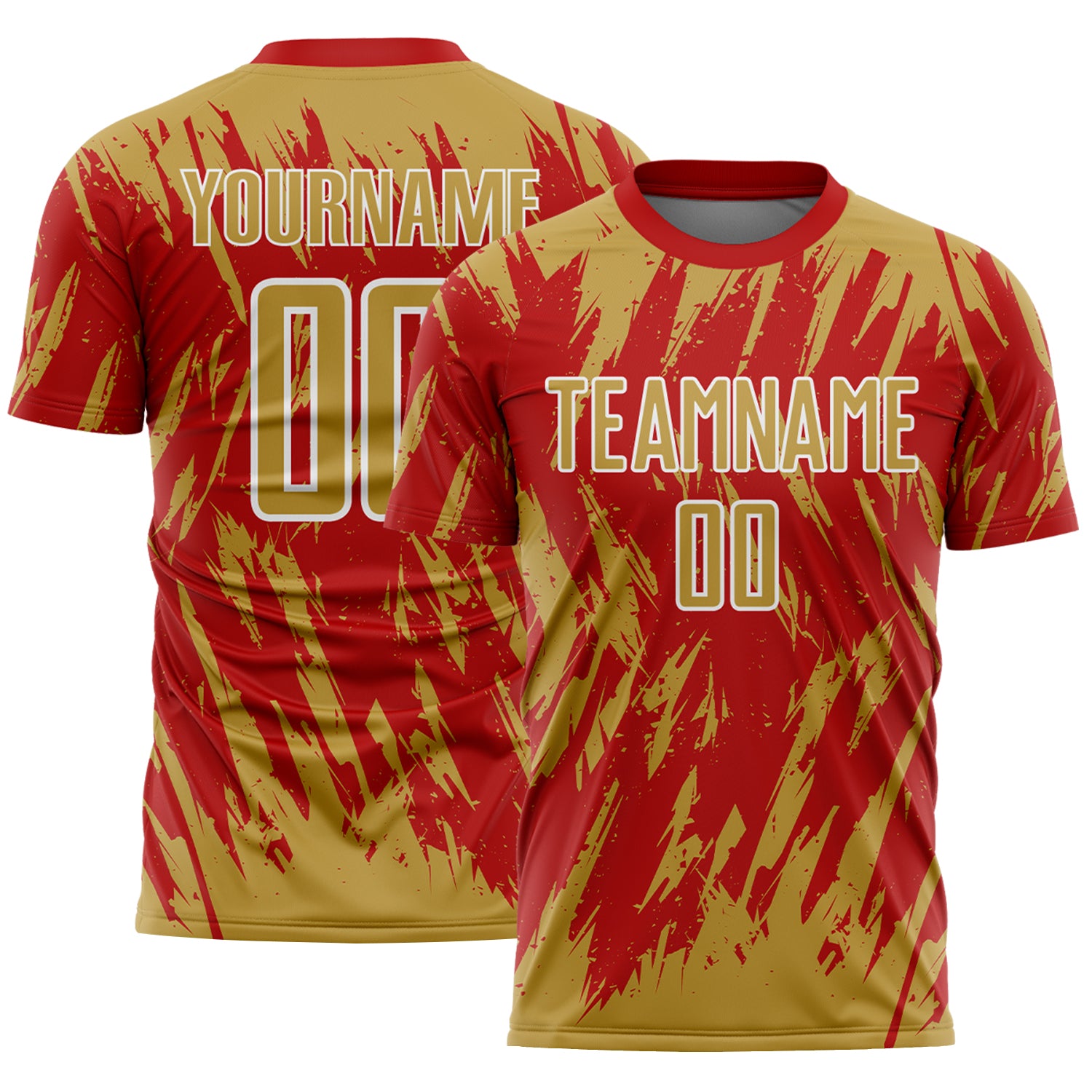 Custom Red Old Gold-White Splatter Torn Sharp Brush Stroke Sublimation Soccer Uniform Jersey