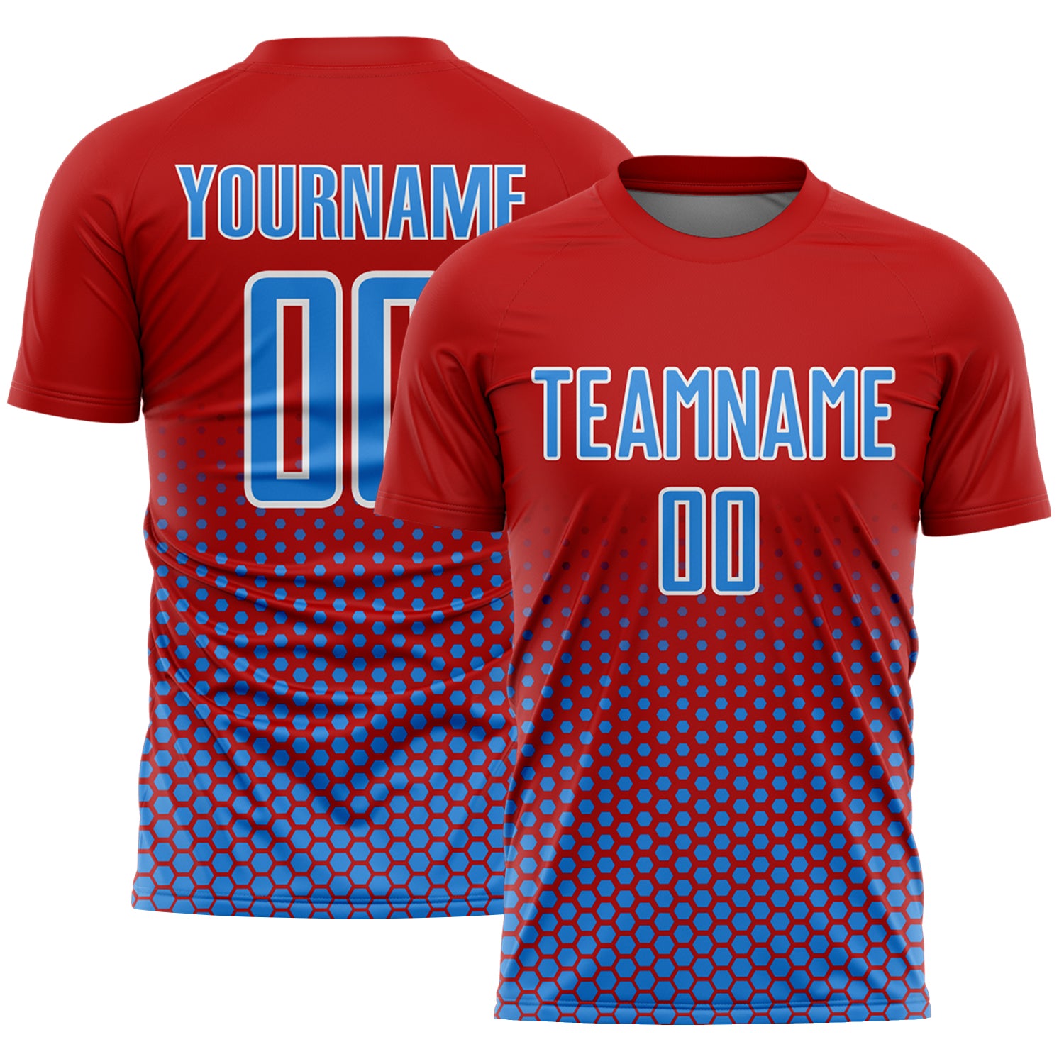 Custom Red Powder Blue-White Geometric Hexagonal Dot Gradient Sublimation Soccer Uniform Jersey
