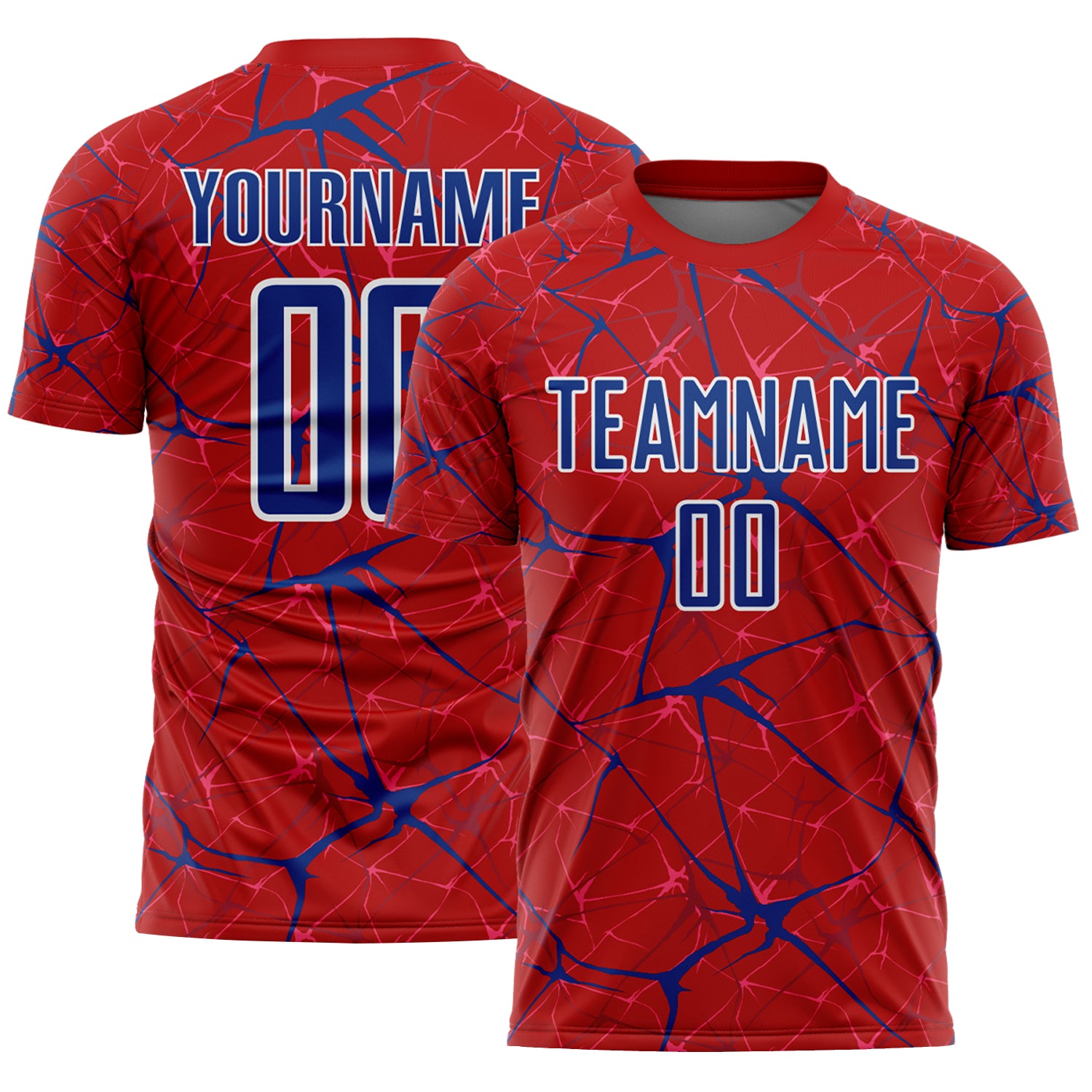 Custom Red Royal-White Abstract Network Crackle Sublimation Soccer Uniform Jersey