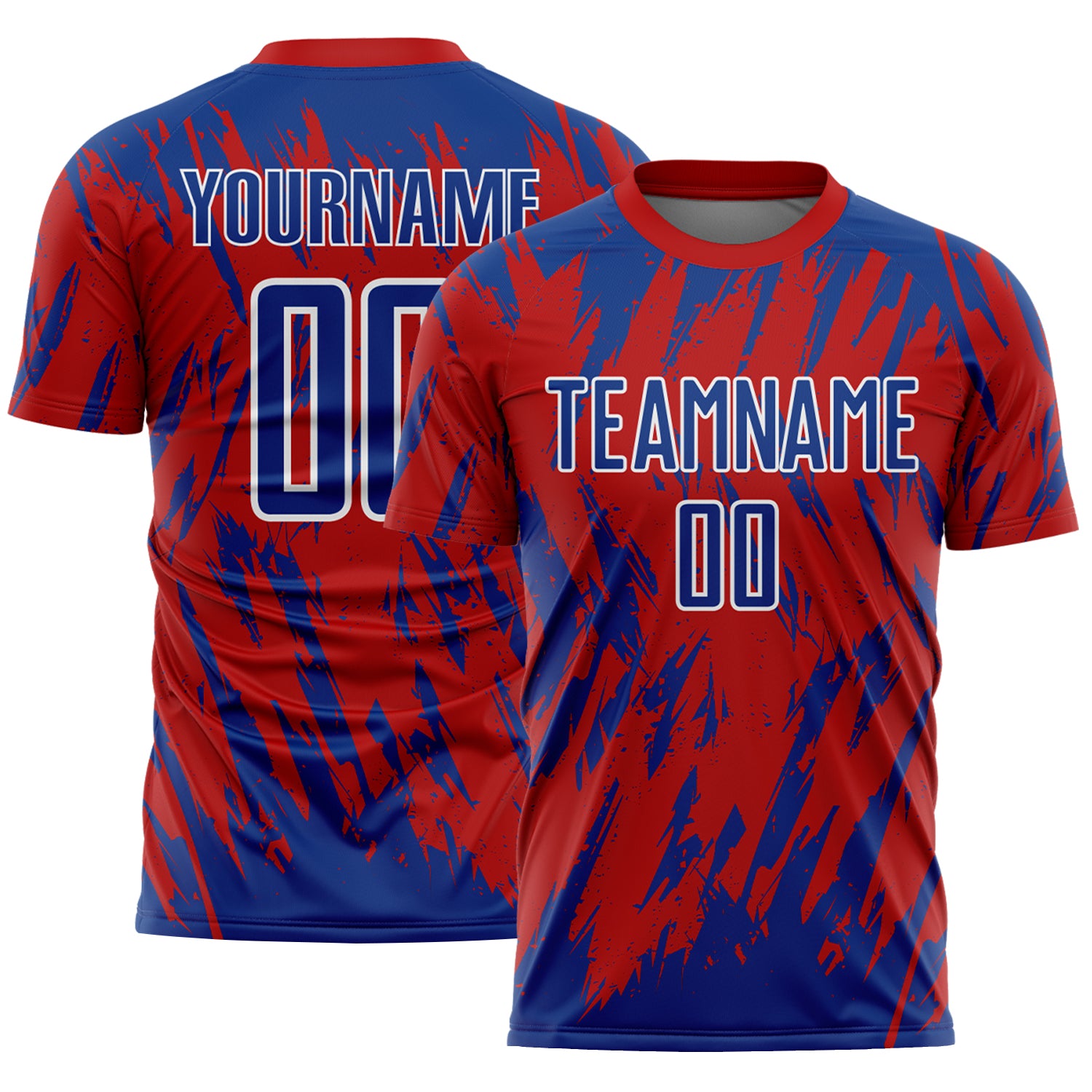 Custom Red Royal-White Splatter Torn Sharp Brush Stroke Sublimation Soccer Uniform Jersey