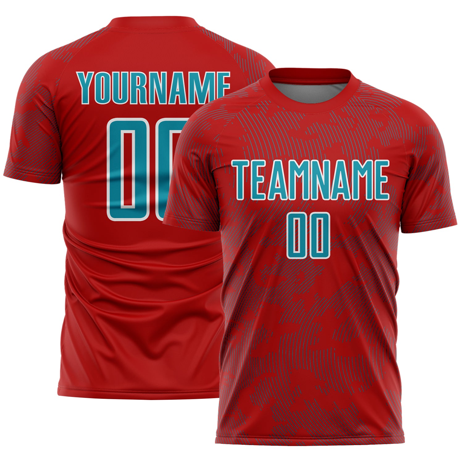 Custom Red Teal-White Curve Lines Sublimation Soccer Uniform Jersey