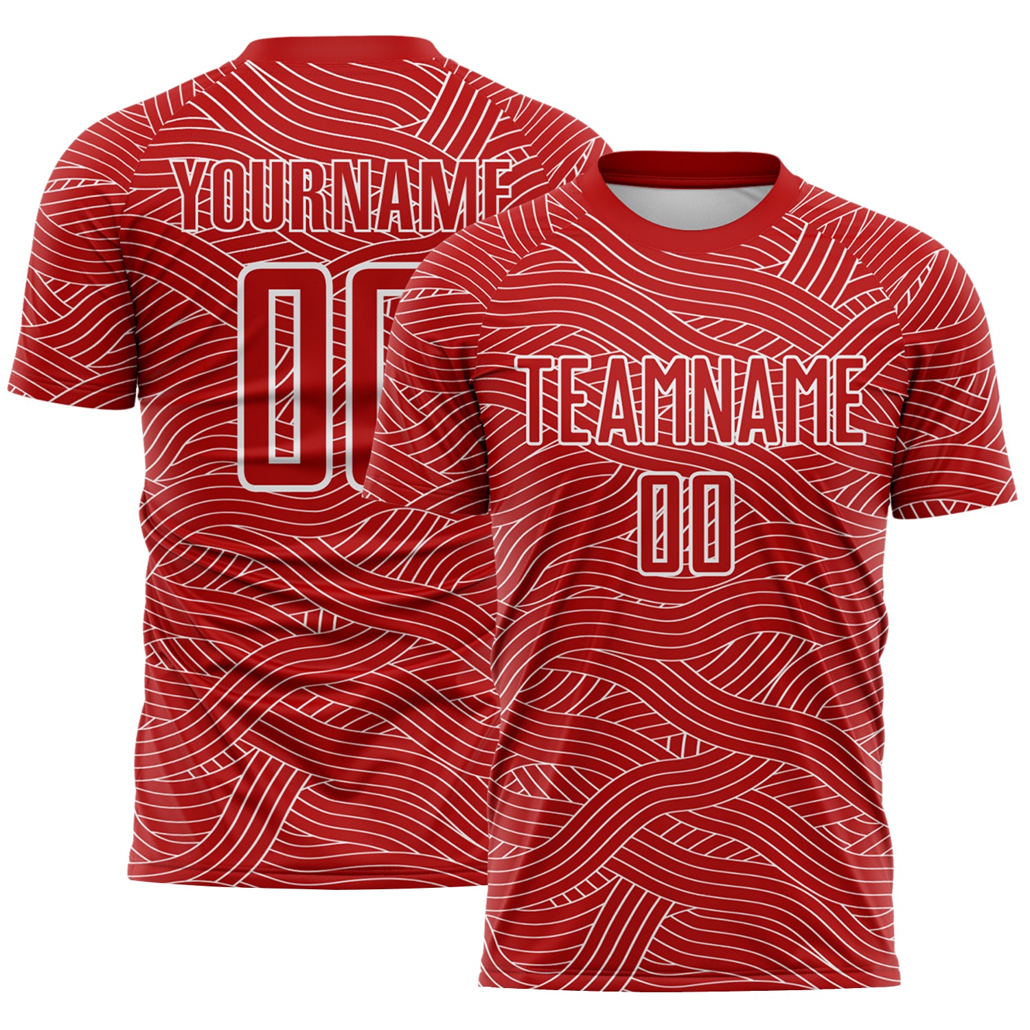 Custom Red-White Abstract Wave Lines Interlocking Sublimation Soccer Uniform Jersey