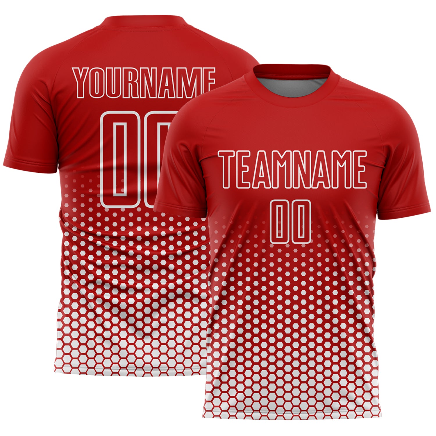 Custom Red-White Geometric Hexagonal Dot Gradient Sublimation Soccer Uniform Jersey