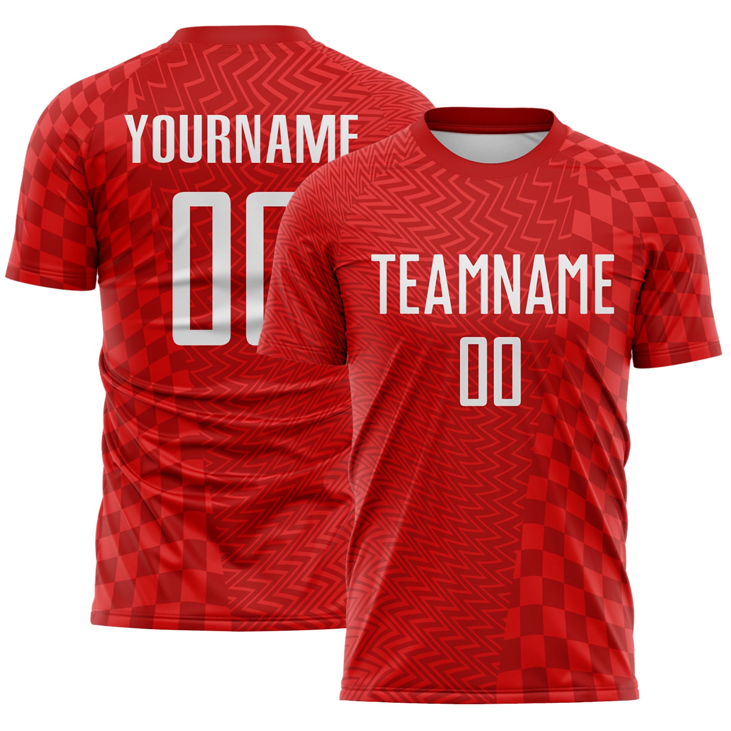 Custom Red-White Geometric Patchwork Asymmetry Checkered Zigzag Lines Sublimation Soccer Uniform Jersey