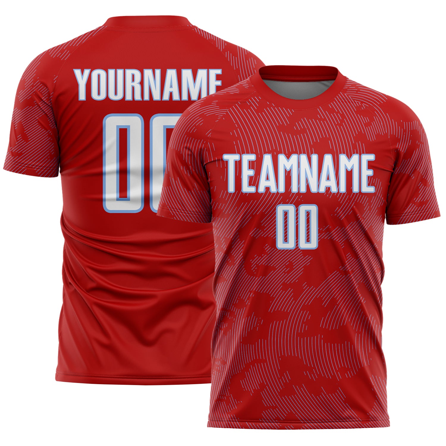 Custom Red White-Light Blue Curve Lines Sublimation Soccer Uniform Jersey