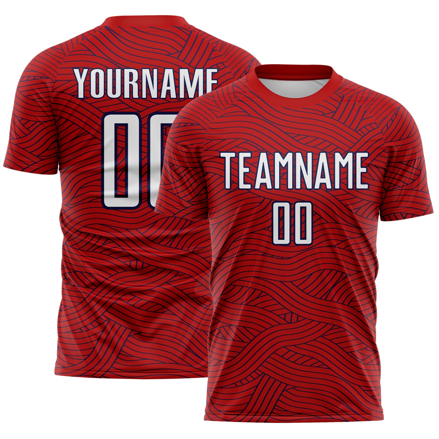 Custom Red White-Navy Abstract Wave Lines Interlocking Sublimation Soccer Uniform Jersey