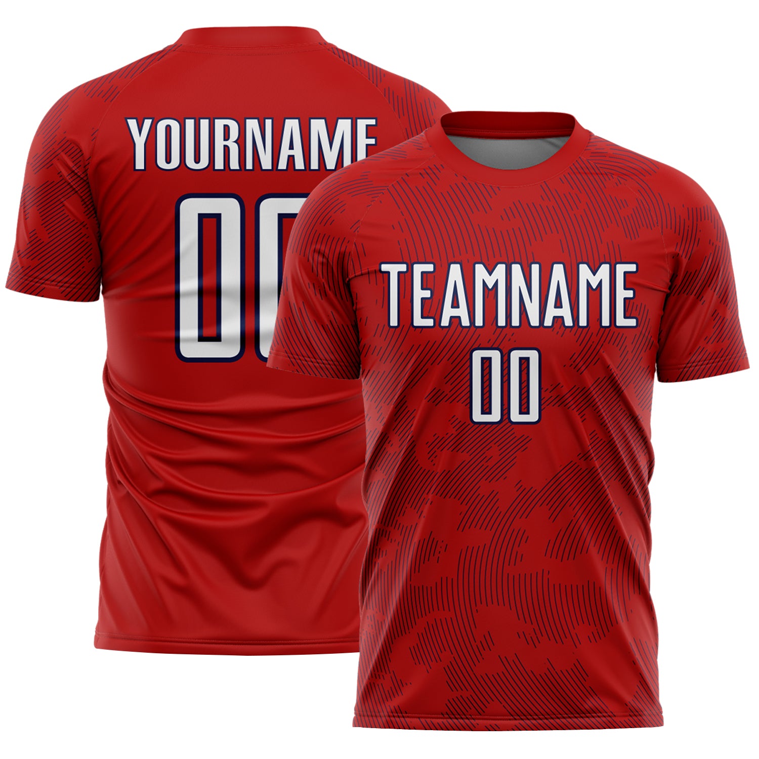 Custom Red White-Navy Curve Lines Sublimation Soccer Uniform Jersey