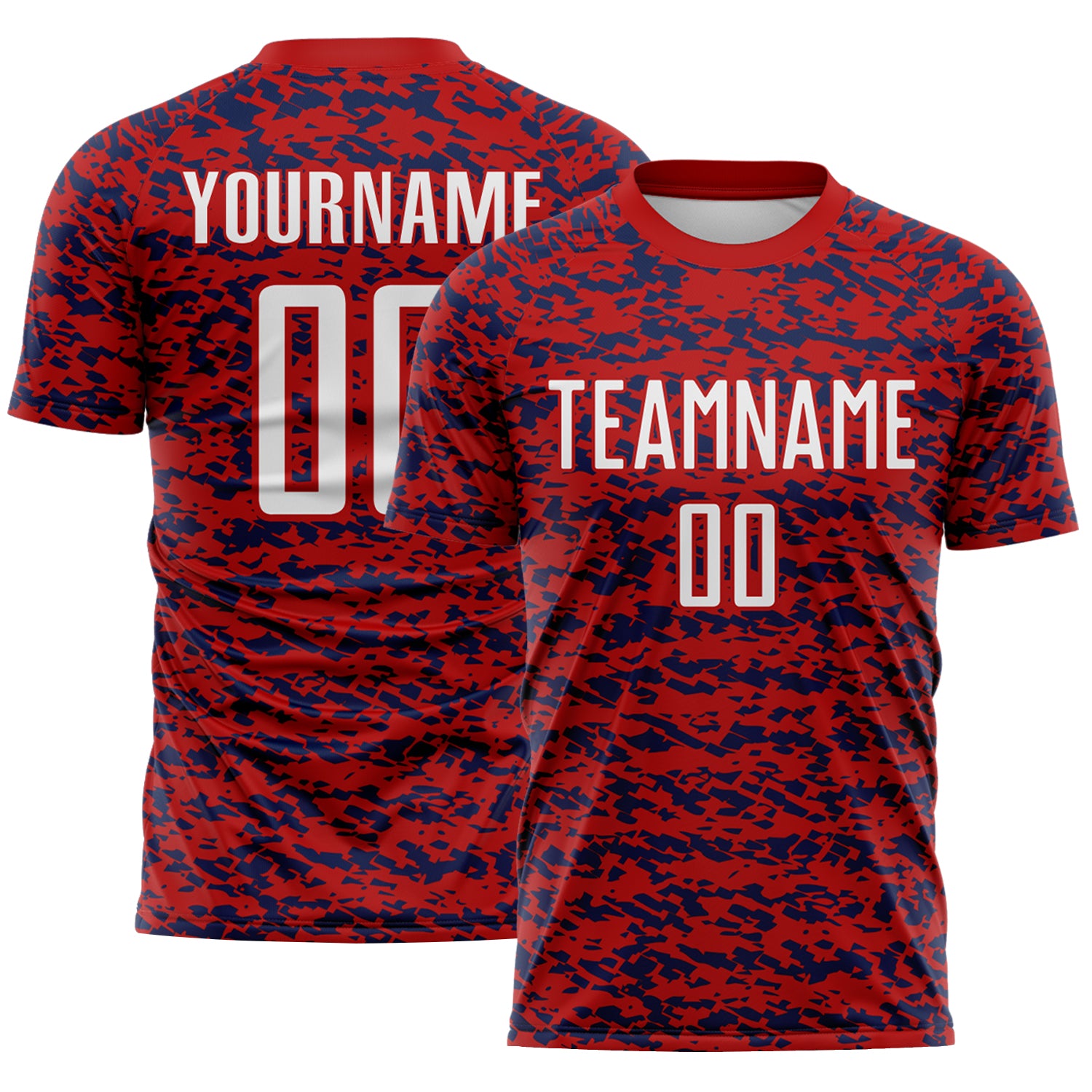 Custom Red White-Navy Geometric Fragment Splatter Sublimation Soccer Uniform Jersey