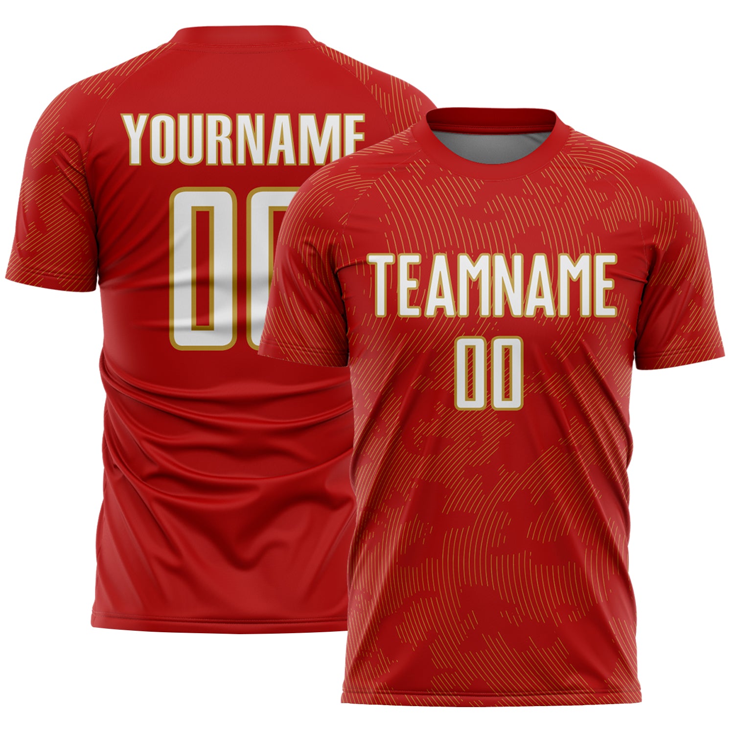 Custom Red White-Old Gold Curve Lines Sublimation Soccer Uniform Jersey