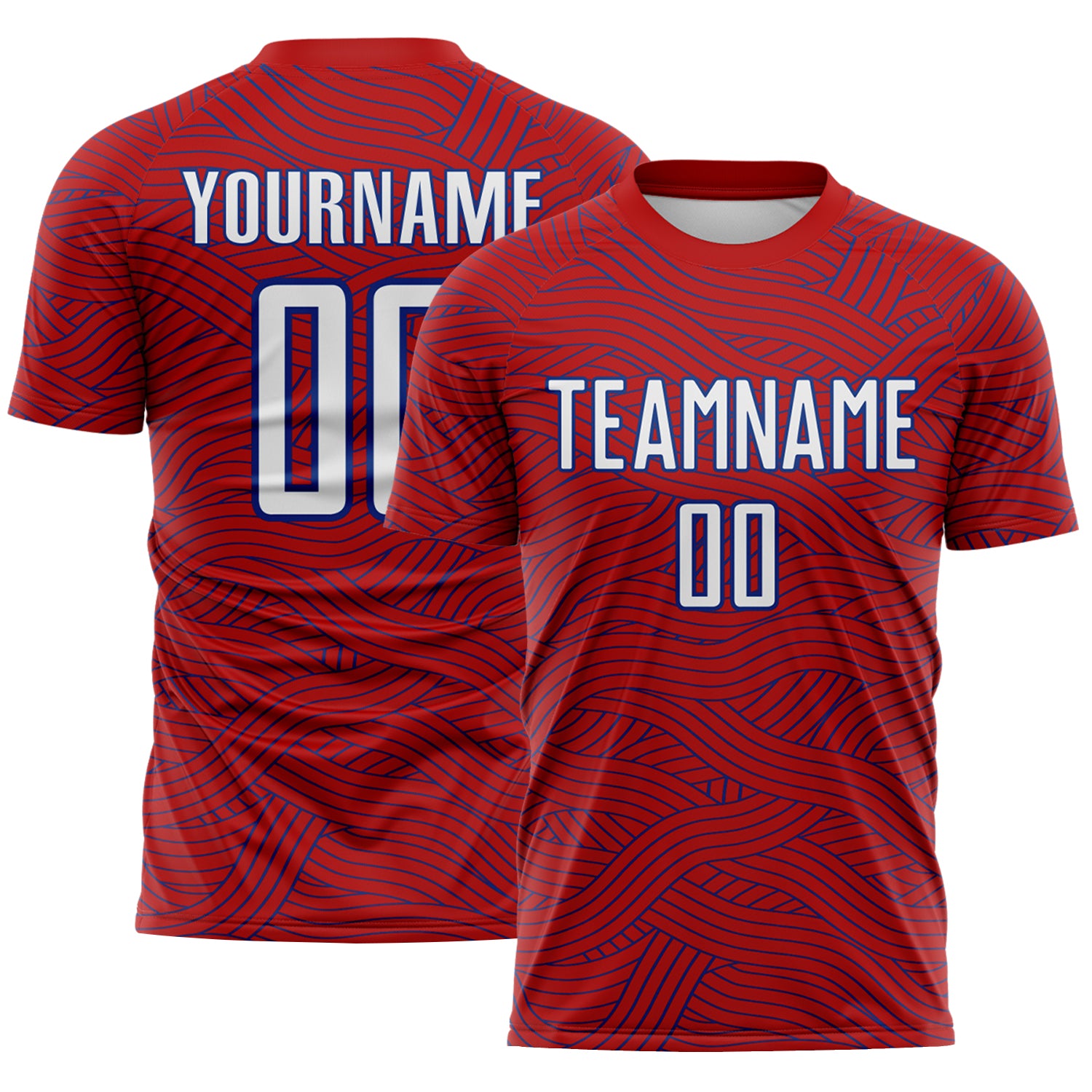 Custom Red White-Royal Abstract Wave Lines Interlocking Sublimation Soccer Uniform Jersey